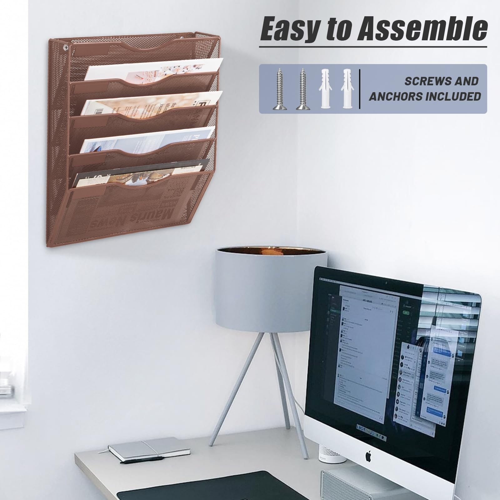 EASEPRES 5 Pocket Mesh Hanging Wall File Organizer, 5 Tier, Brown