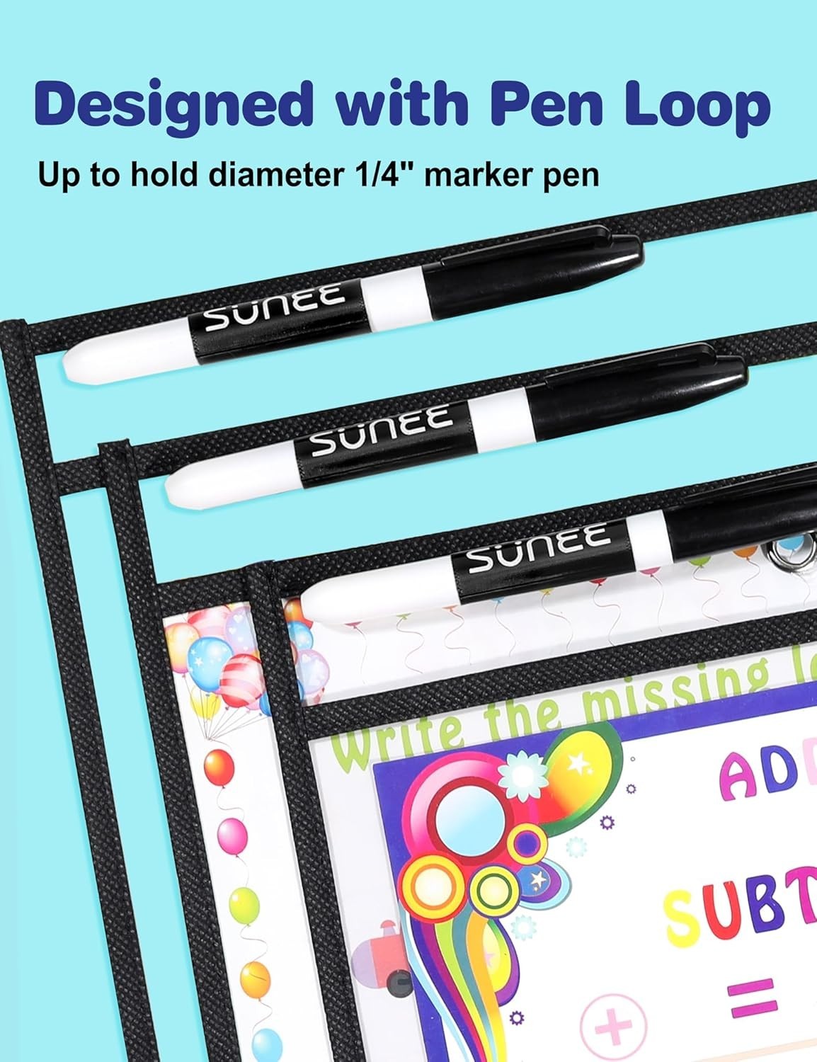 30 Packs Oversized Reusable Dry Erase Pocket Sleeves with 2 Rings, Black 10×1…