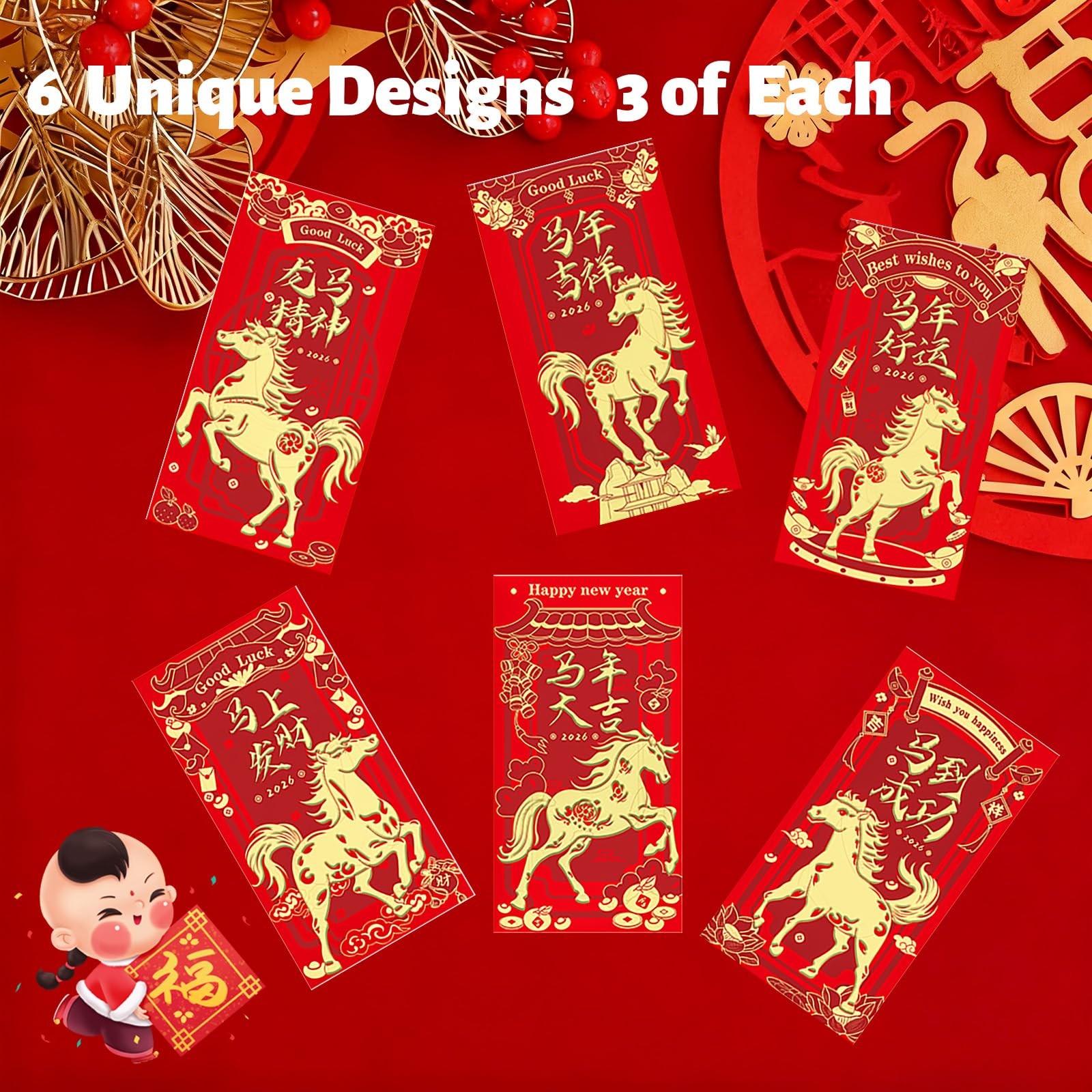 18 PCS Year of the Horse 2026 Red Envelopes, Chinese New Year Lucky Money Env…
