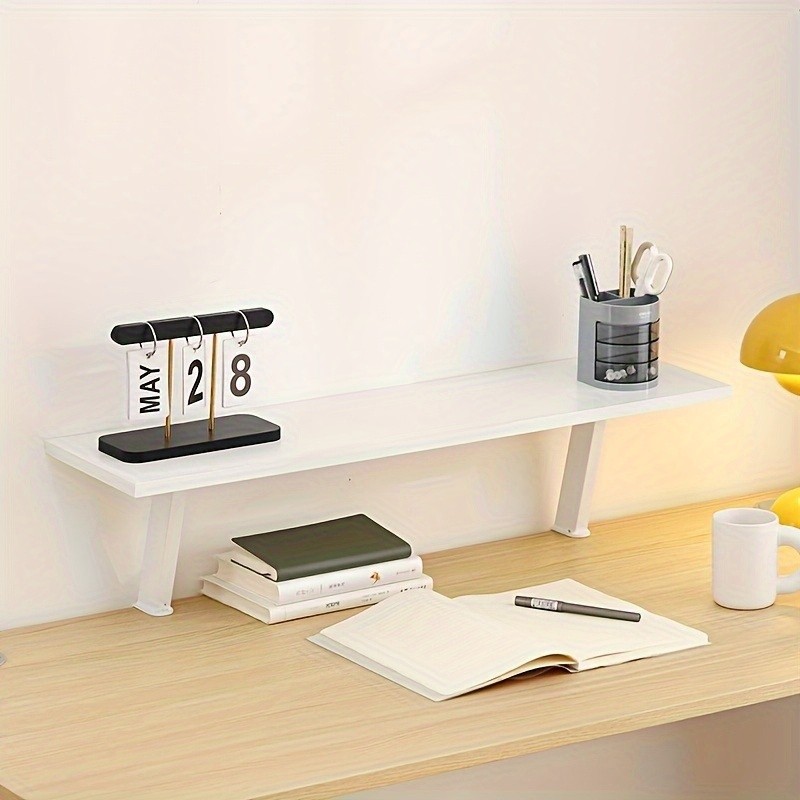 1pc White Wooden Floating Desk Shelf – Rectangular No-Drill Countertop Organizer