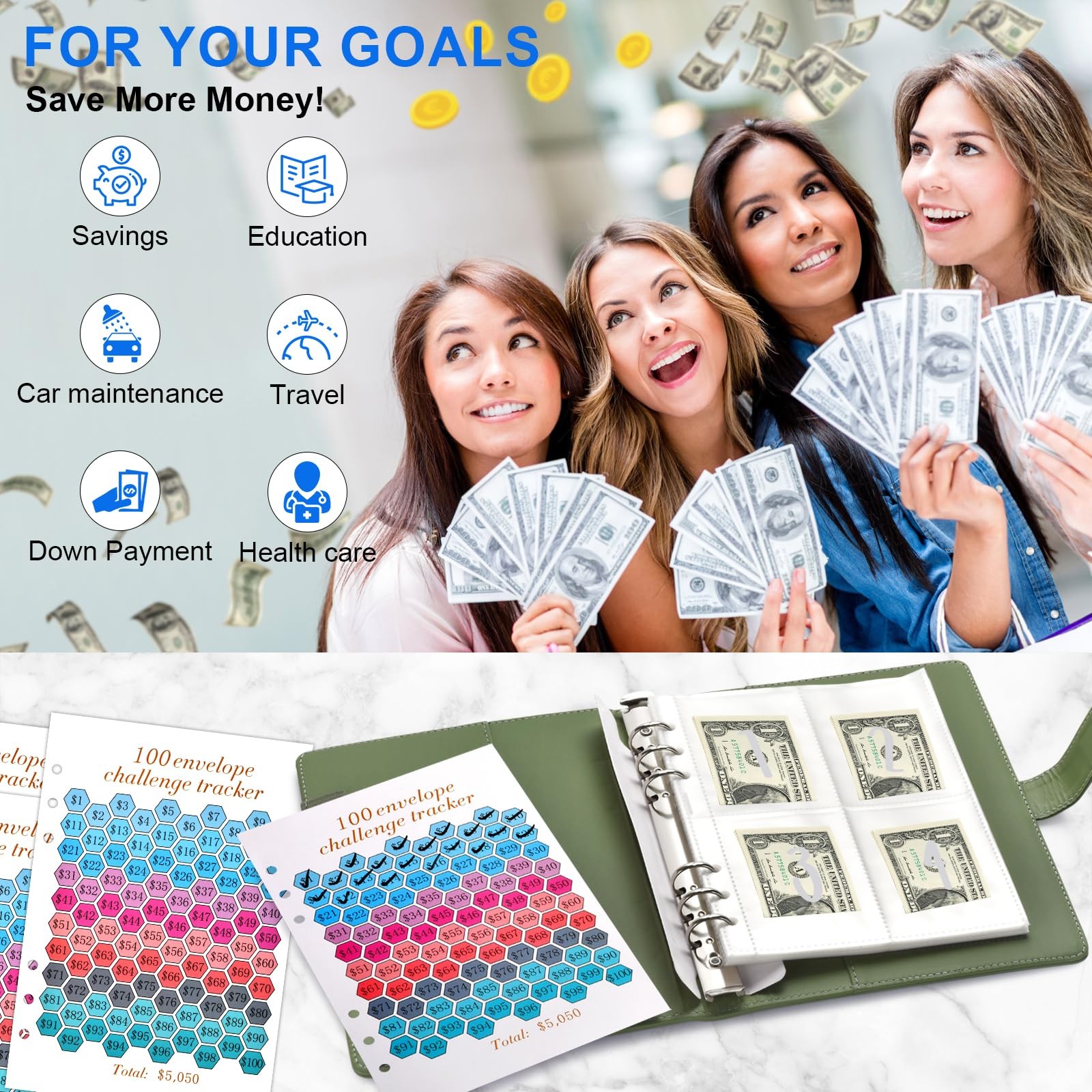 100 Envelope Money Saving Challenge Binder Cash Budget Book for $5050 Goal