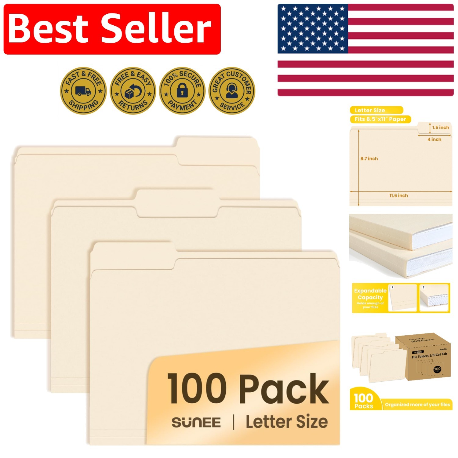 Standard Letter Size Manilla Folders, 8.5×11 in., 100 Pack – Ideal for Filing