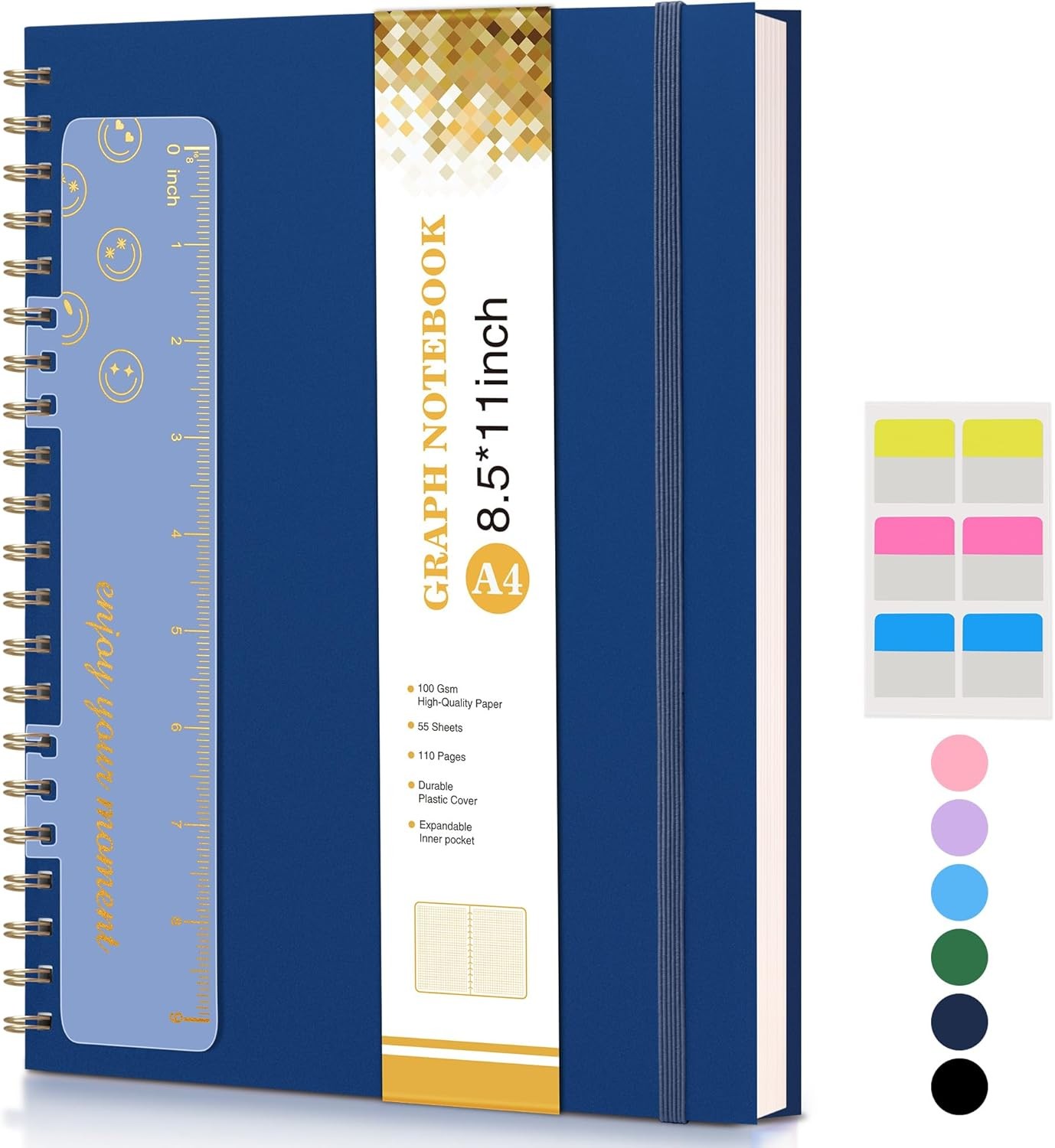 Graph Paper Notebook, Spiral Notebook Journal 8.5” x 11”, A4 Graph, Navy