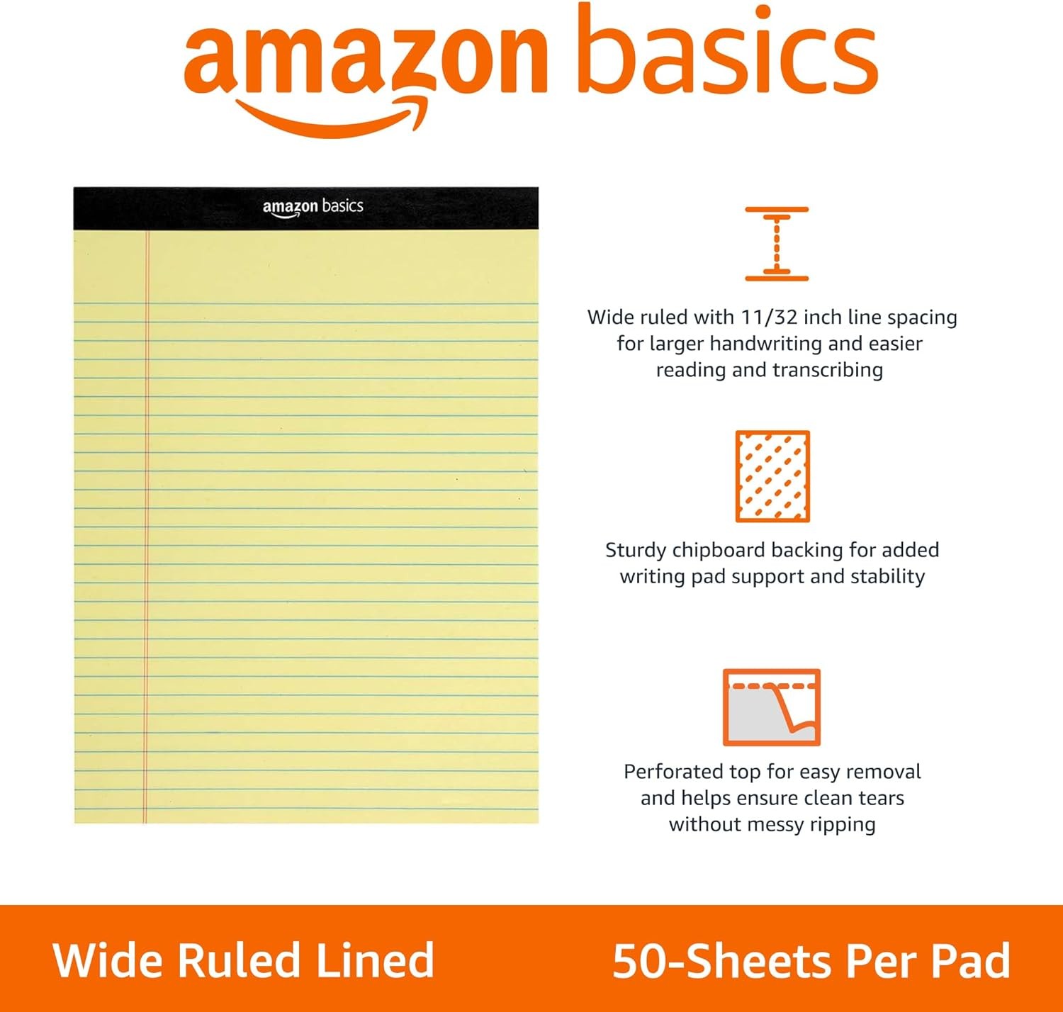 Amazon Basics Wide Ruled Notepads 8.5×11.75 Canary 600 Sheets 12 Pack