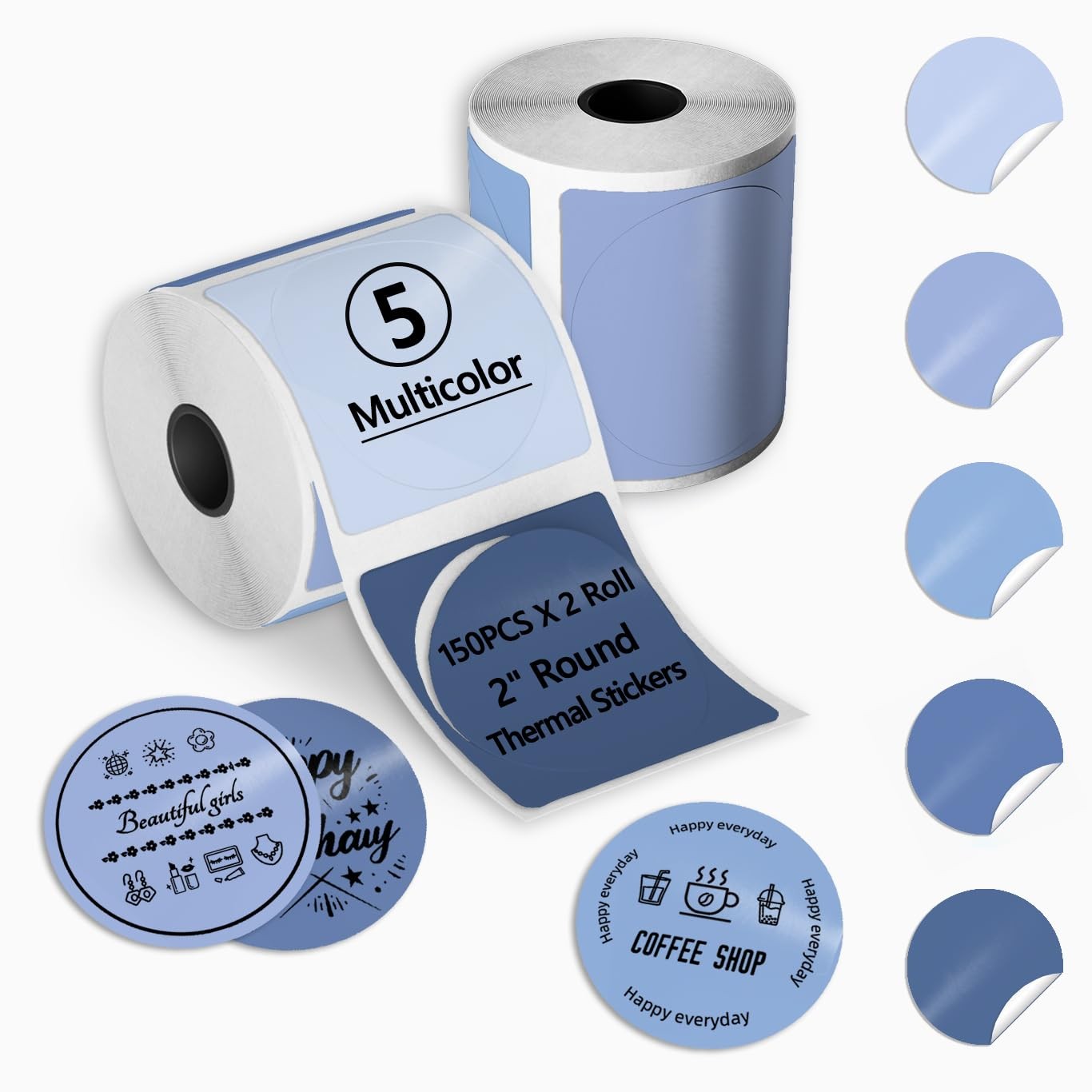 300PCS 2 Inch Circle Thermal Label Stickers for 150PCS/Roll, Multicolor Blue