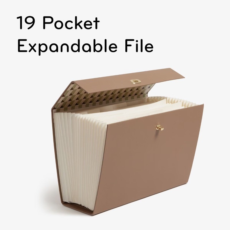 19 Pocket Recycled Pleather Expandable File Light Brown