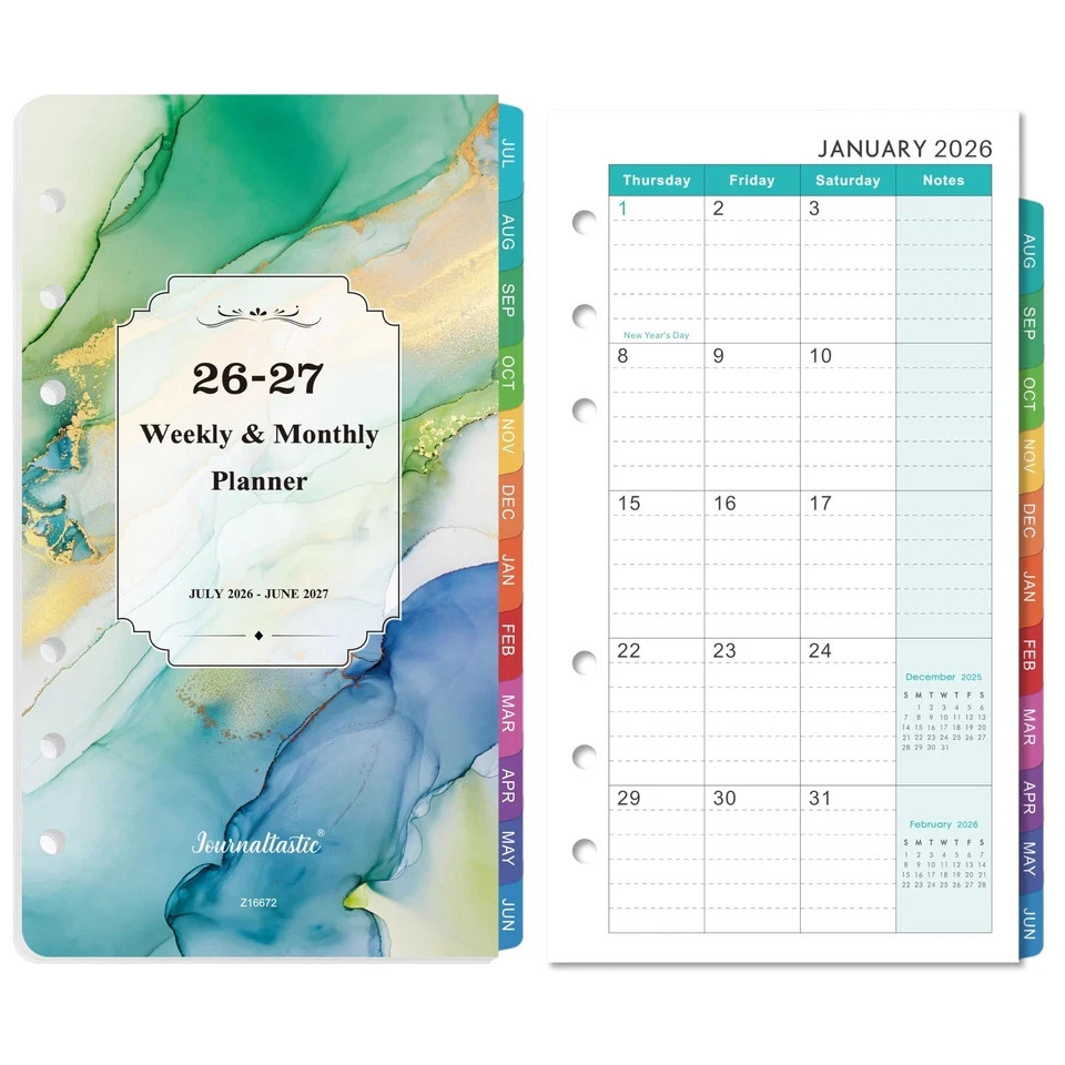 2026-2027 A6 Calendar Refill Pages Weekly Monthly Jan-Dec 6 Ring Red New US