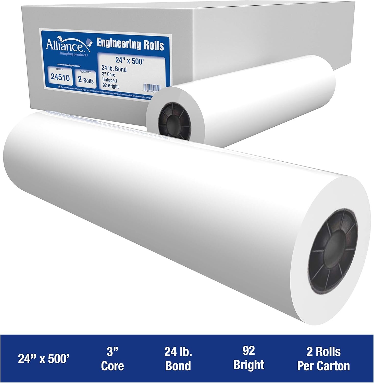Alliance Wide Format Paper Rolls Bond Engineering 24″ x 500′ x 3″, 24lb. 2 Rolls