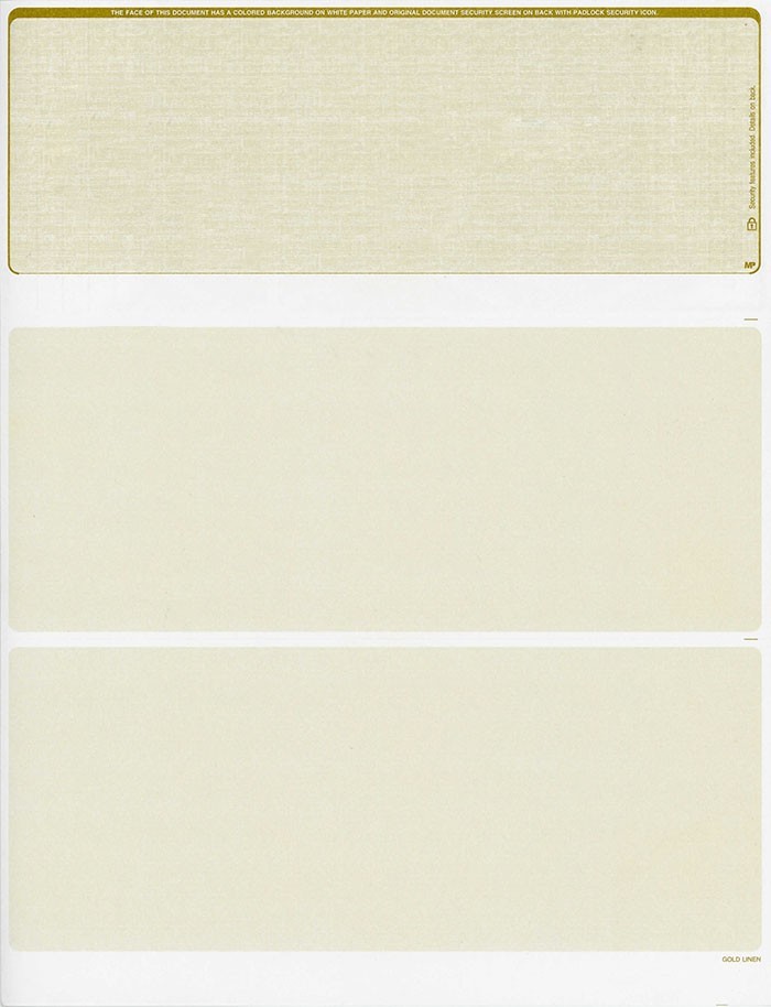 500 Blank Security Check Paper Stock – Checks on Top (Linen Gold)
