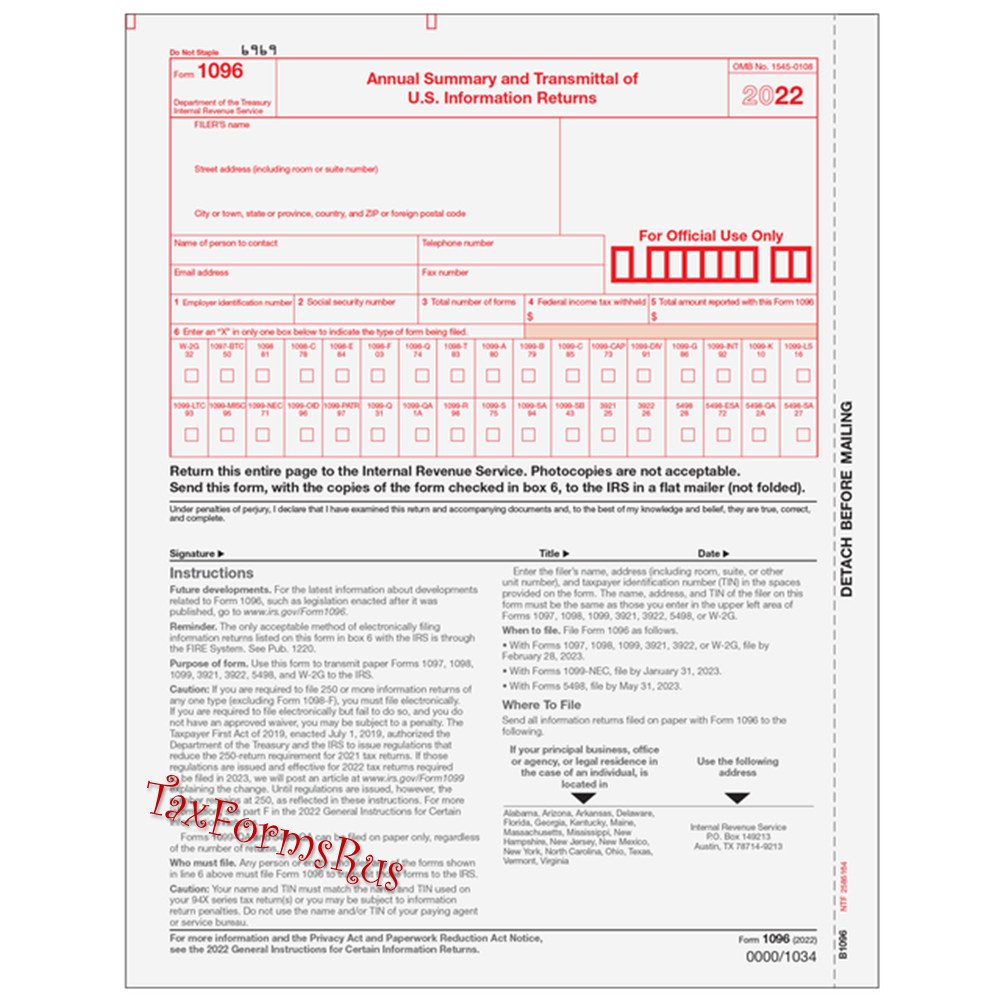 2022 IRS Tax Form 1099-NEC Laser 6 recipients+(1)1096 #NECS405 – 3UP 4pt NO Env