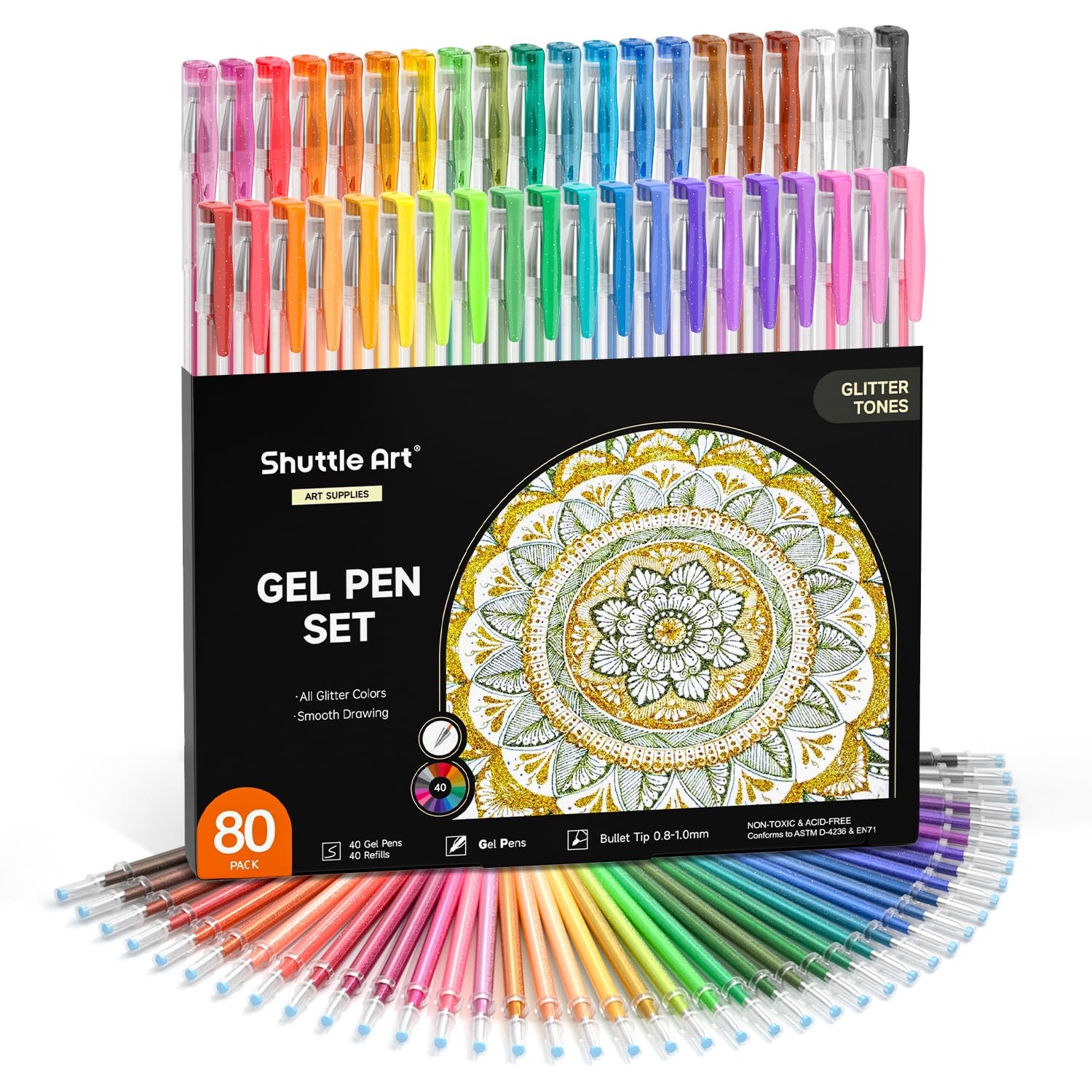 80 Glitter Gel Pens Set with Refills for Adult Coloring, Drawing, Crafts