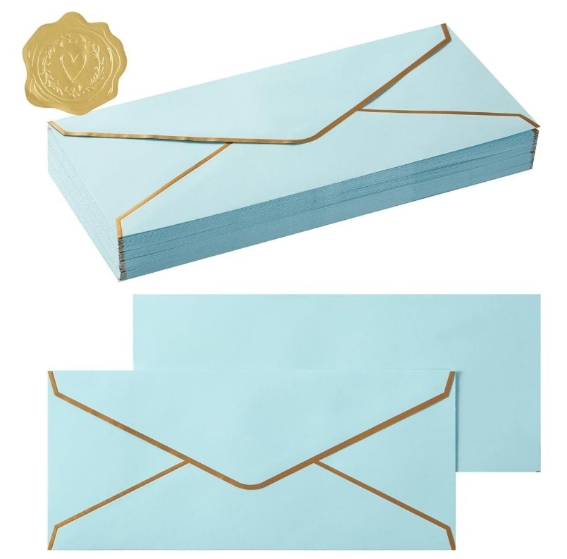 50 Pack #10 Blue Business Envelopes Gold Border, Self Seal Standard Envelopes