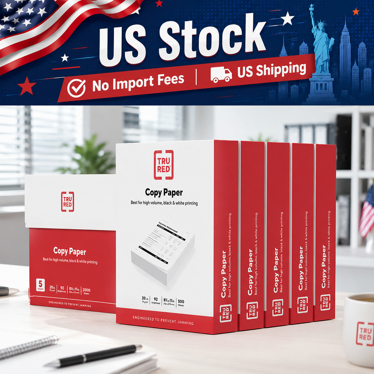 TRU RED Copy Paper 8.5″x11″ 20lb 92 Bright White 2500 Sheets 5 Reams