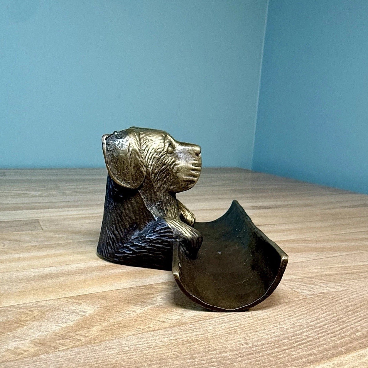 VTG Bronze Cast Metal Dog Puppy Office Desk Business Card Pen Holder 50s 60s 70s