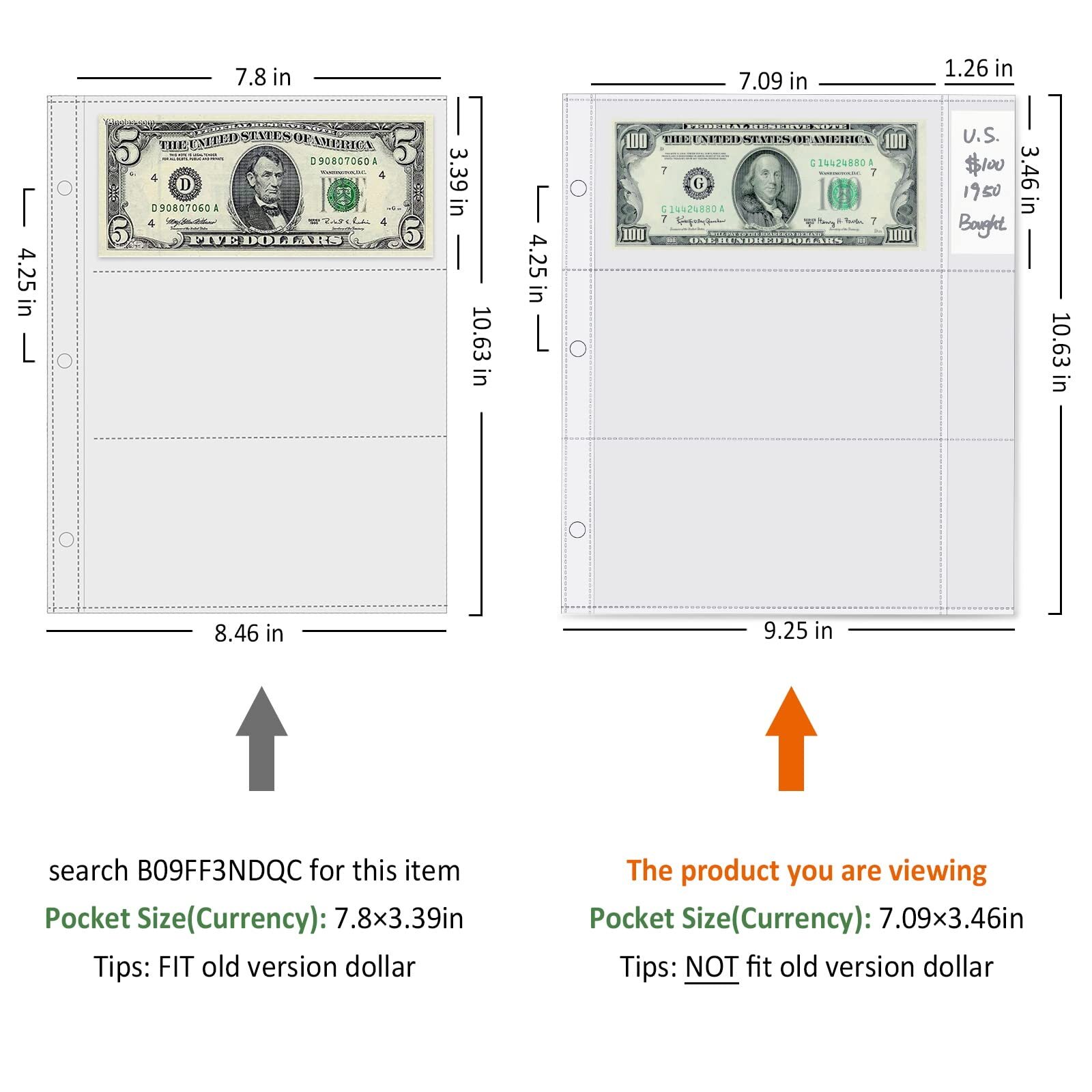 50 Sheets 3 Pockets Currency Pages for Paper Money Collection Banknote
