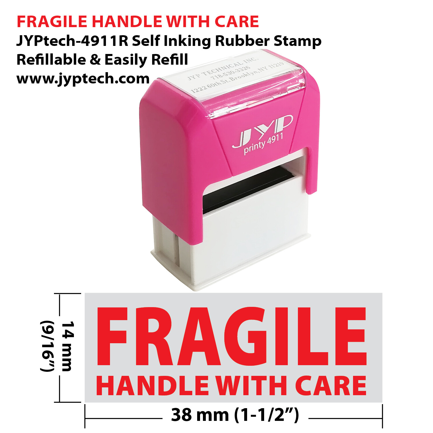 Fragile Handle With Care JYP 4911R Self Inking Rubber Stamp (Red Ink)