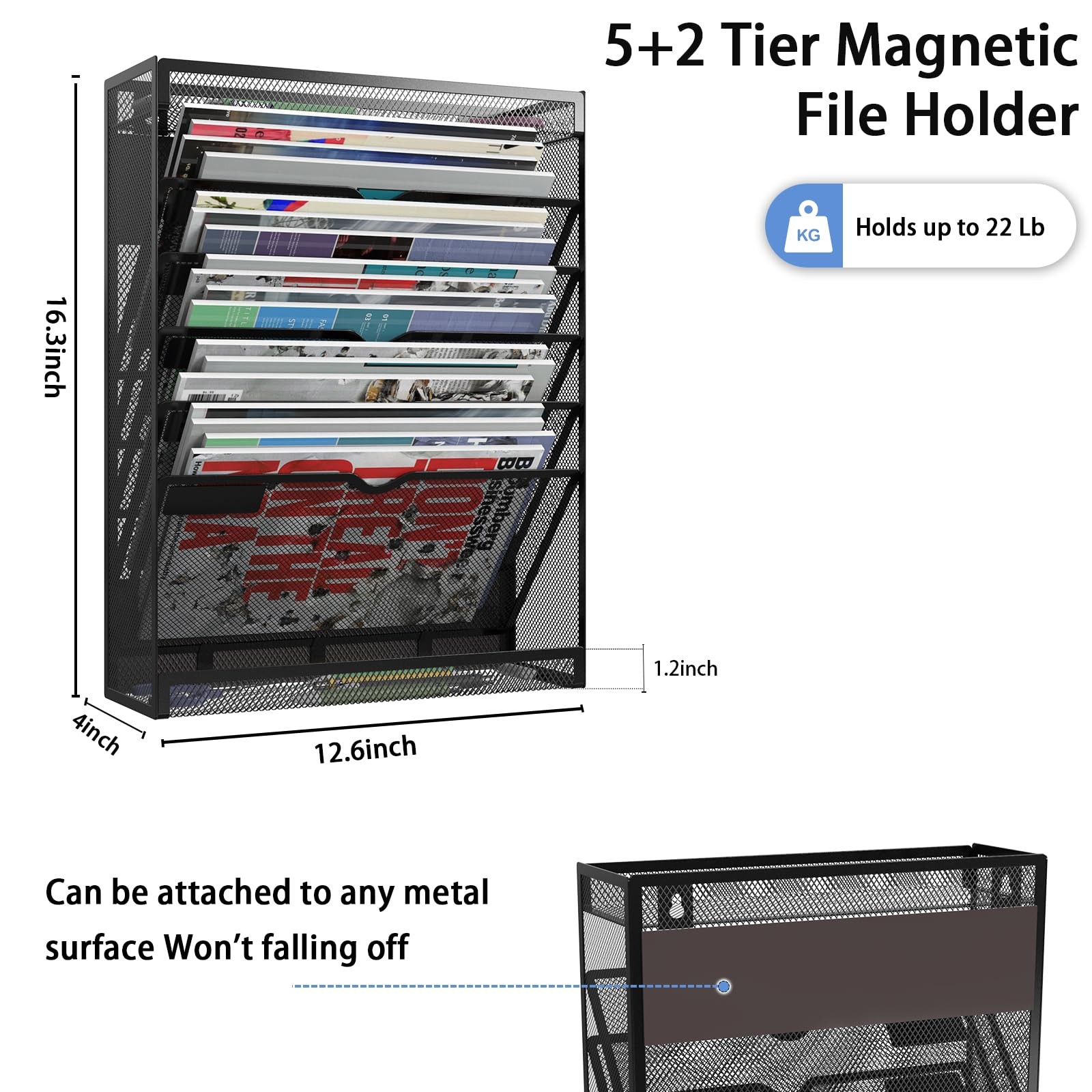 LQPAFZ 7-Tier Magnetic File Holder, No Drilling Wall Organizer, Black