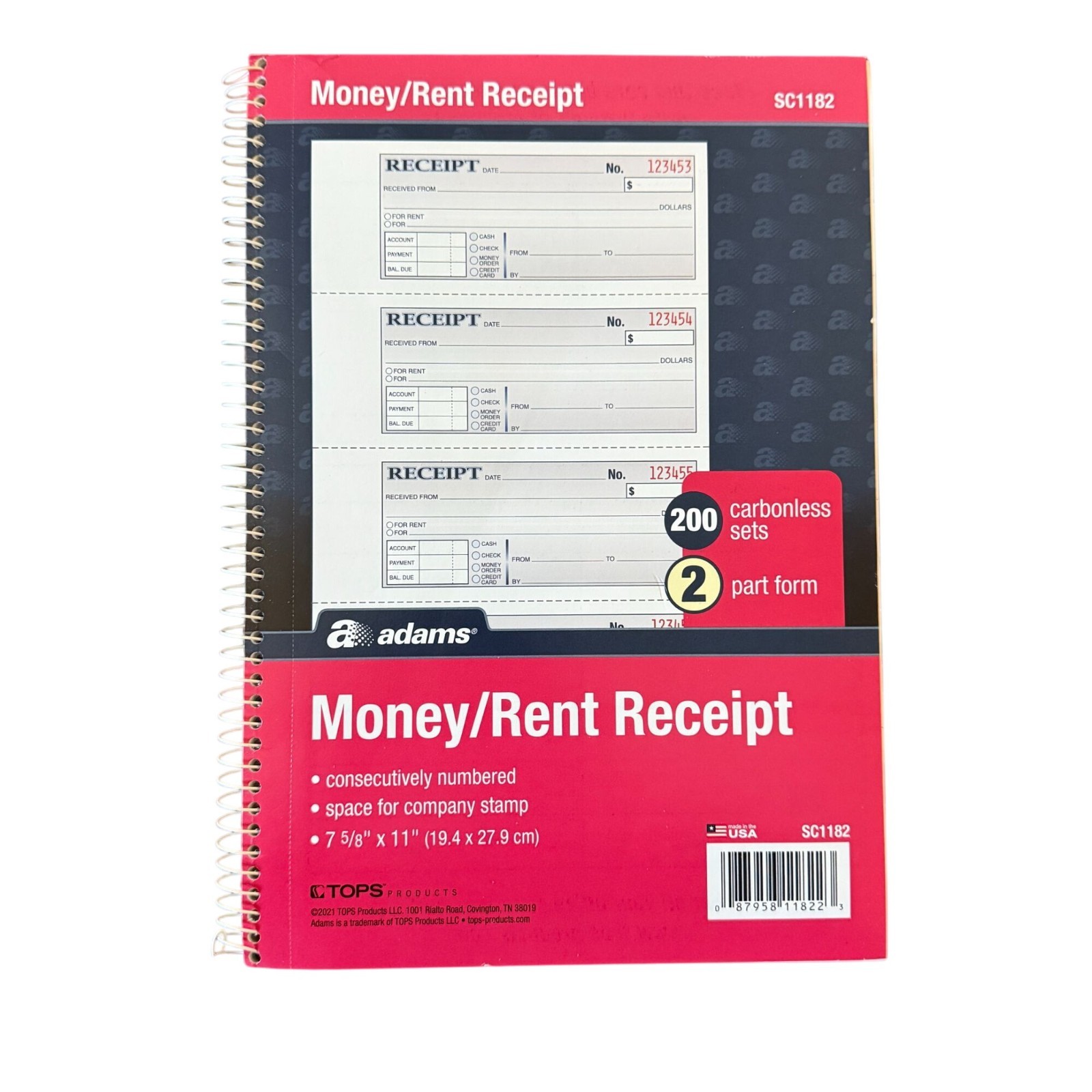 Money/Rent Receipt Book SC1182 Consecutivly Numbered Tops Products USA