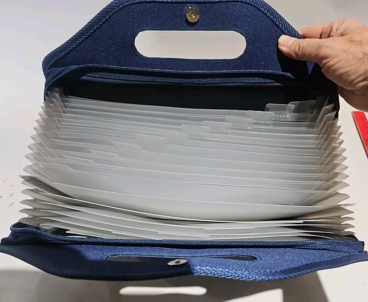 BLUE CANVAS WITH HANDLE FILE FOLDER WITH 17 POCKETS FOR STORAGE AND ORGANIZATION