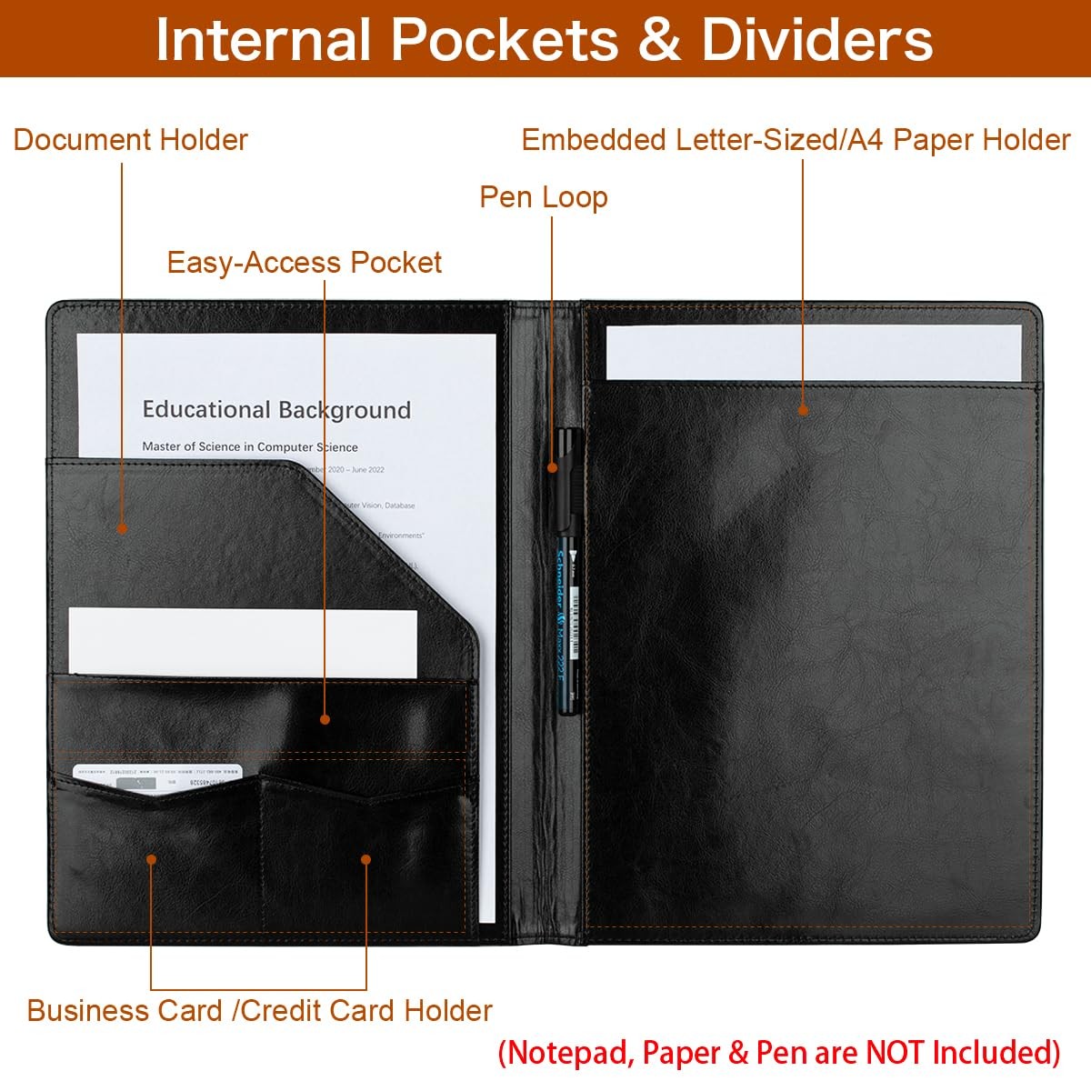 Leather Padfolio Portfolio Binder Folder Document Organizer for Office Meeting