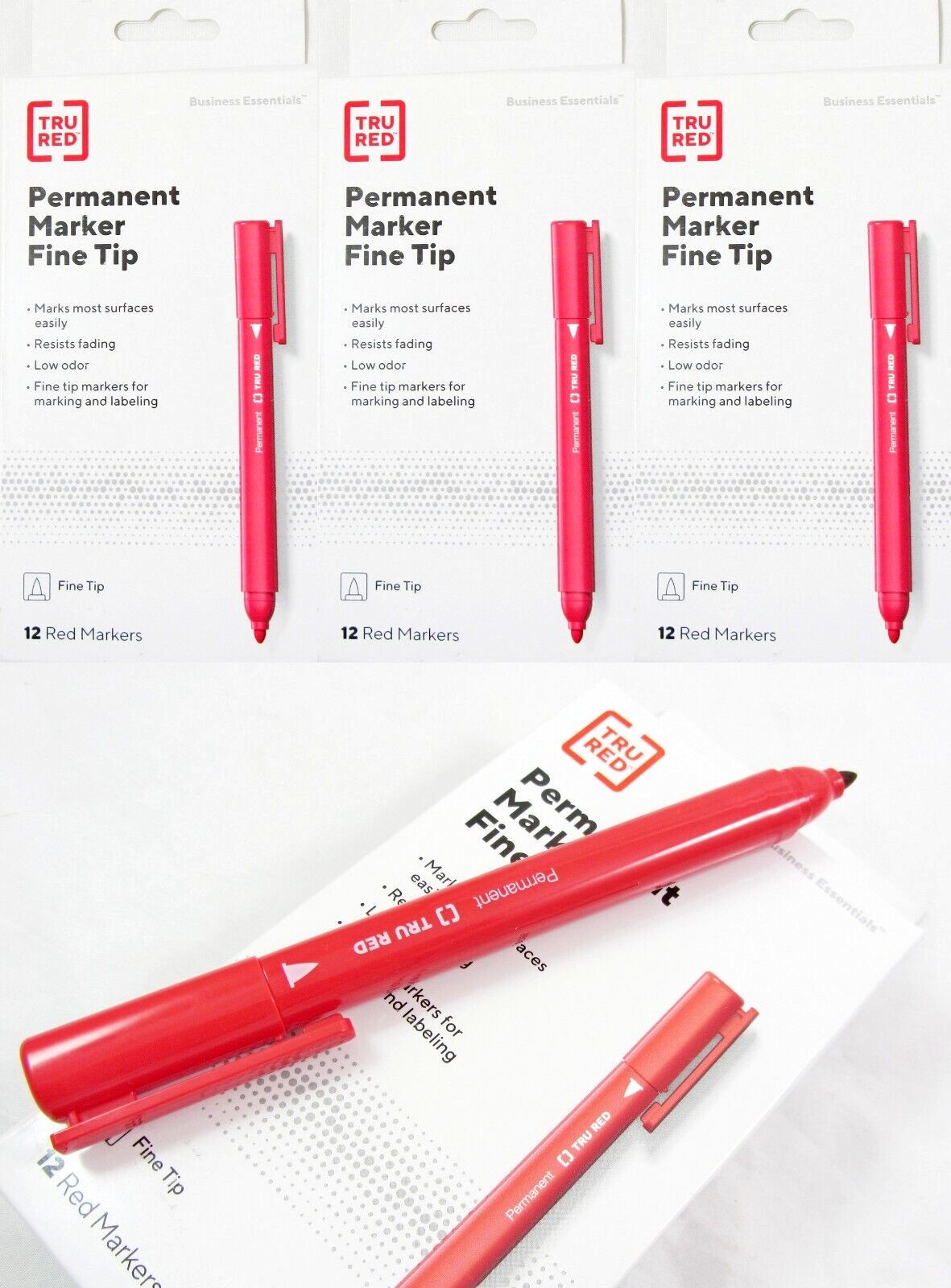 Staples TRU RED Permanent Markers Fine Tip Red 36 Count TR54539 – 3 Boxes of 12