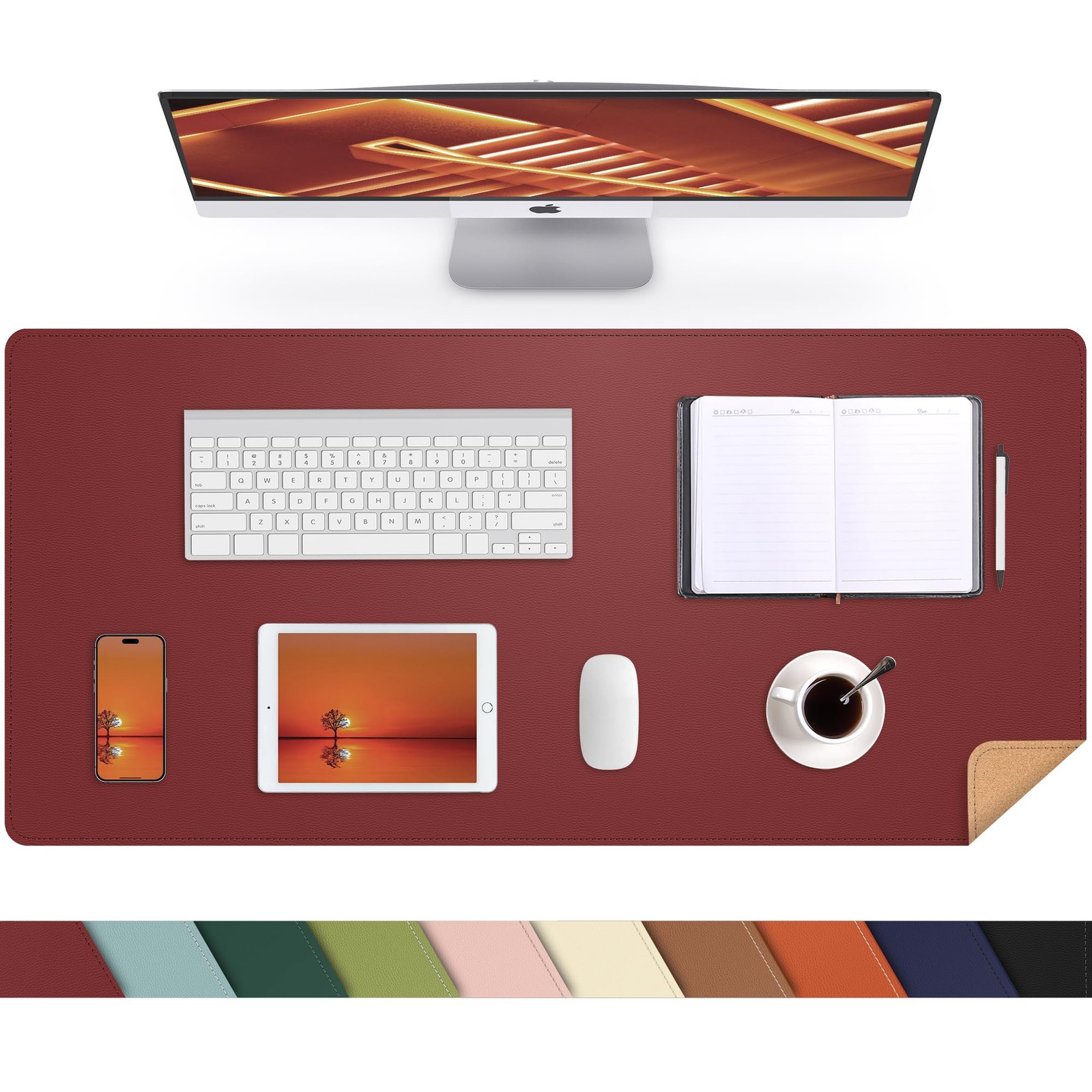 Desk Mat 31.5″ x 17″ Leather Pad Protector with Natural 31.5in*17in, Red