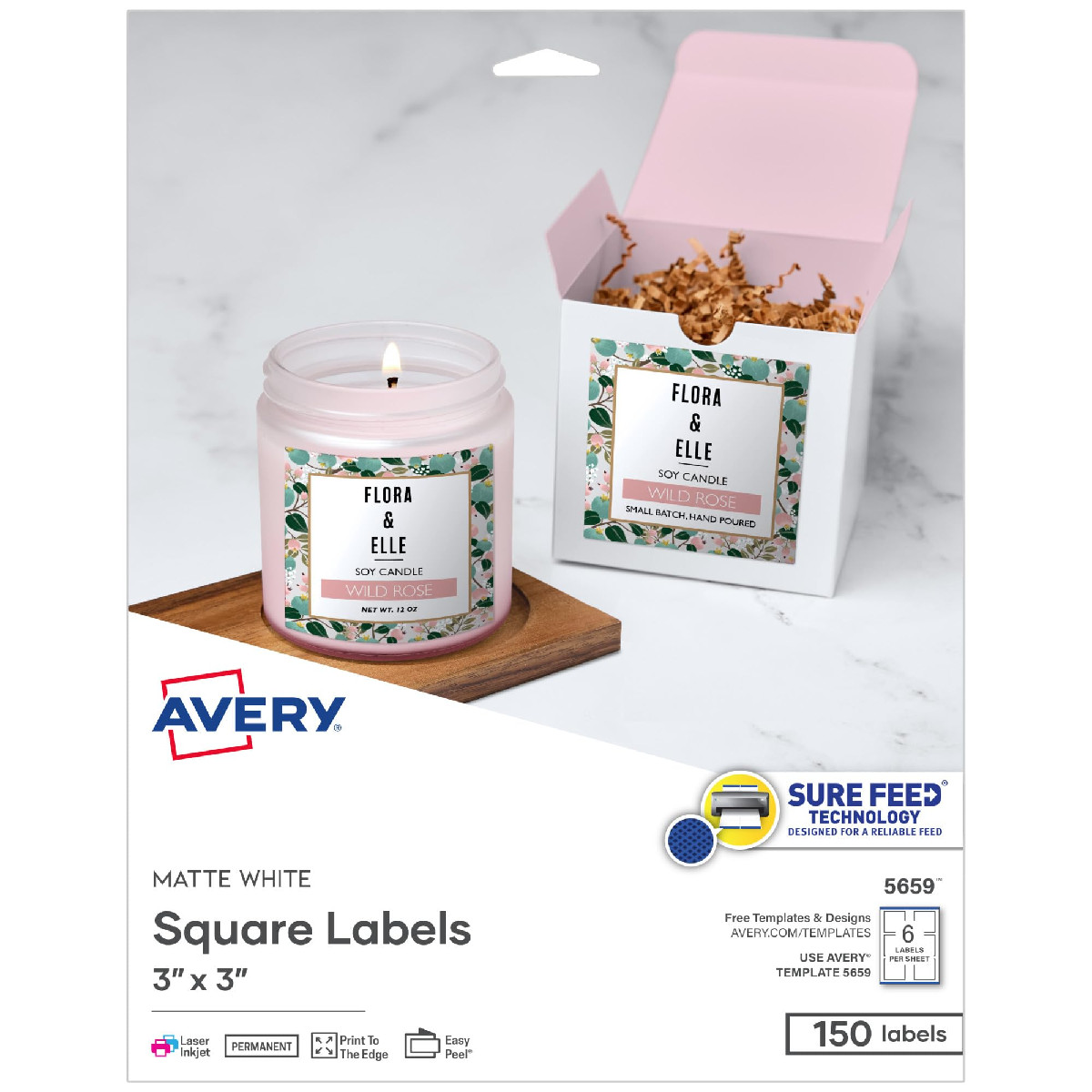 Avery Printable Square Labels Sure Feed Technology 3 X 3 Matte White Permanent