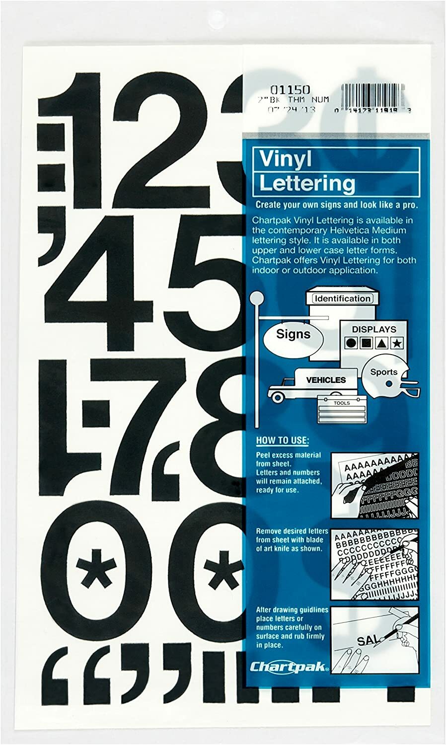 Chartpak Self-Adhesive Vinyl Numbers, 2 Inches High, Black, 12 per Pack (01150)