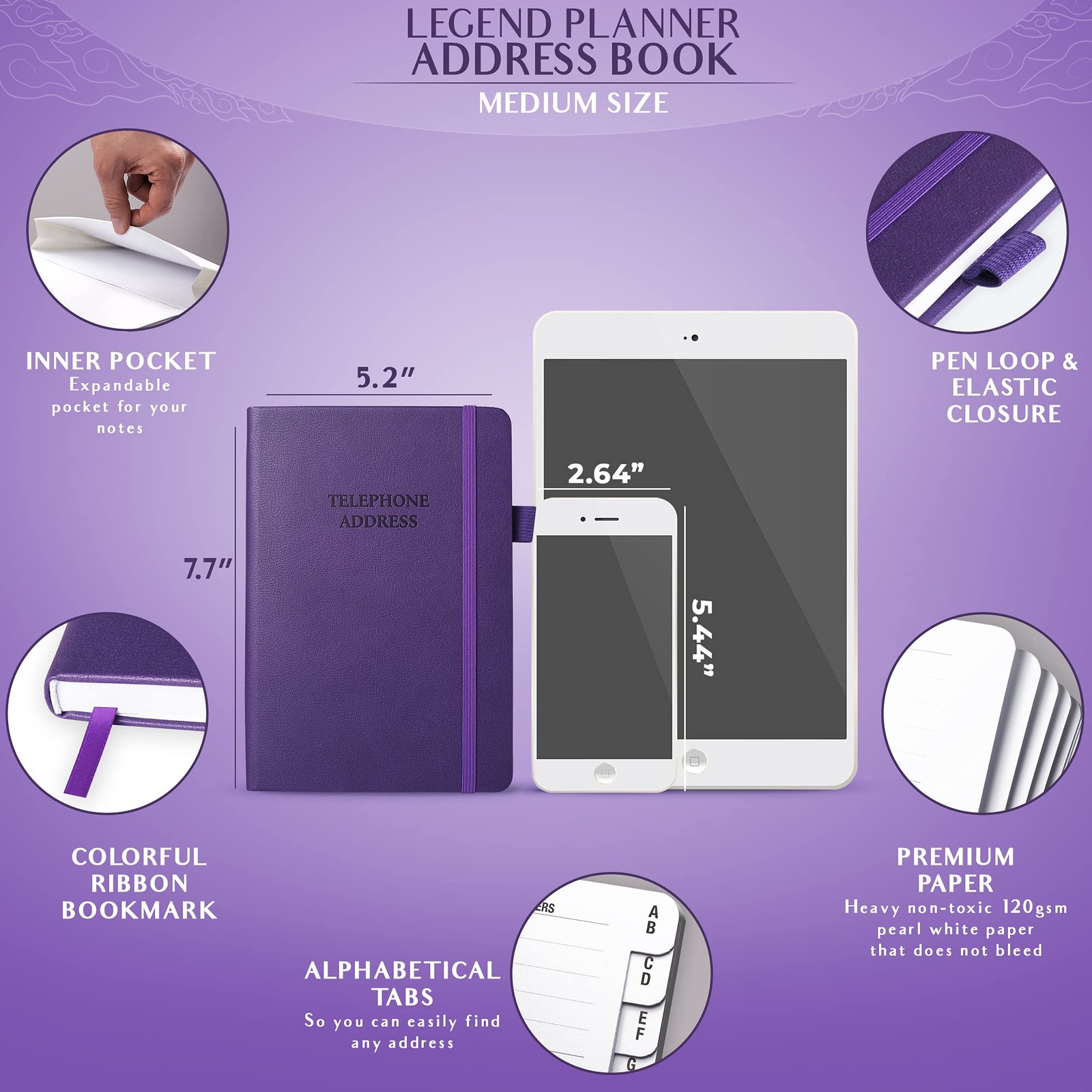 Legend Planner Address Book with Alphabetical Medium (5.2″ x 7.7″), Purple