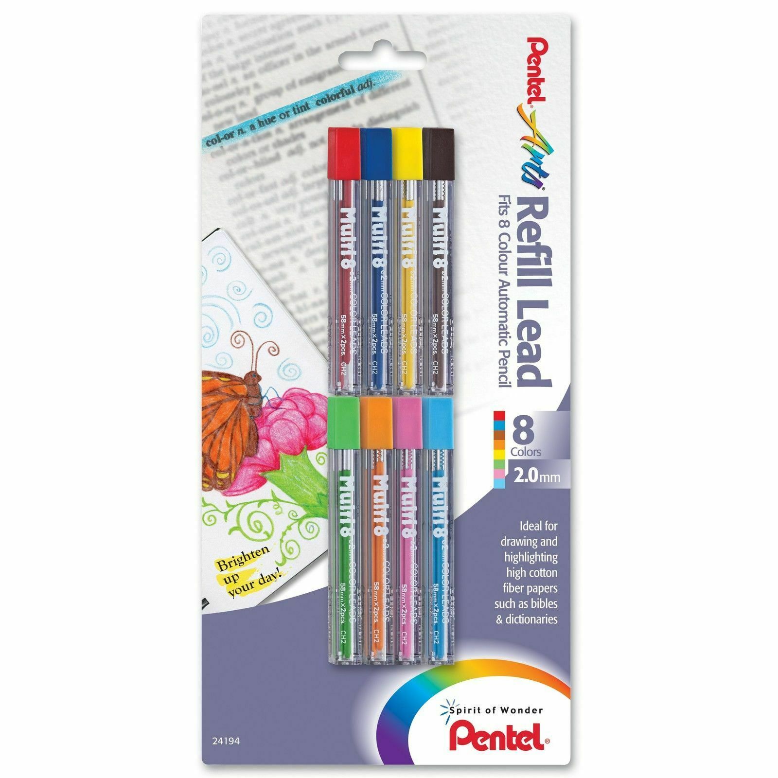 CH2BP8M Pentel Arts Multi 8 Color Lead Refill, 2mm, Set of 8 Basic Colors