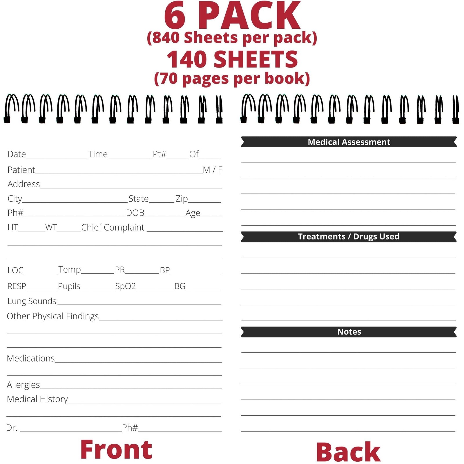 Field Equipt EMT Vital Statistics Notepad – 6 Pack Vitals Notebook For Red