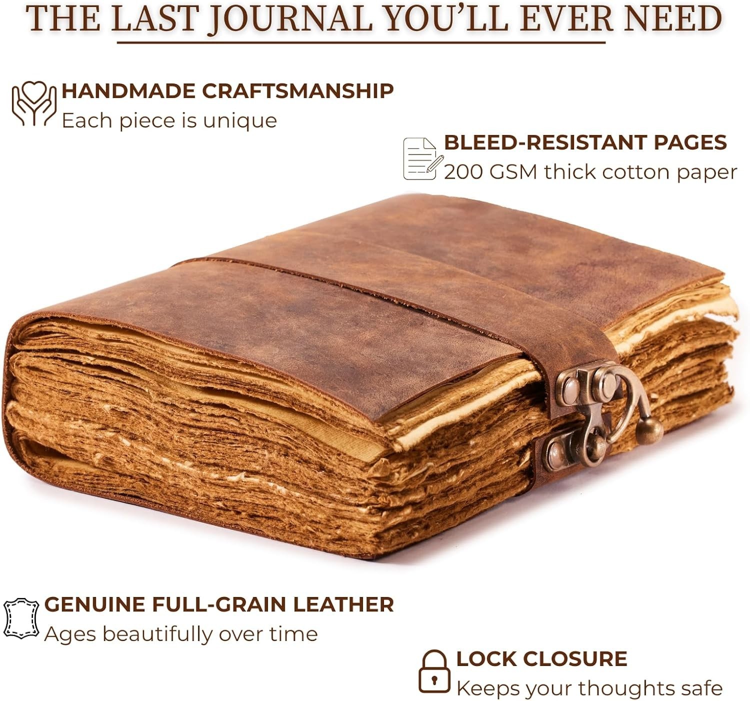 Rustic Vintage Leather Journal – Lock Closure, Antique Paper