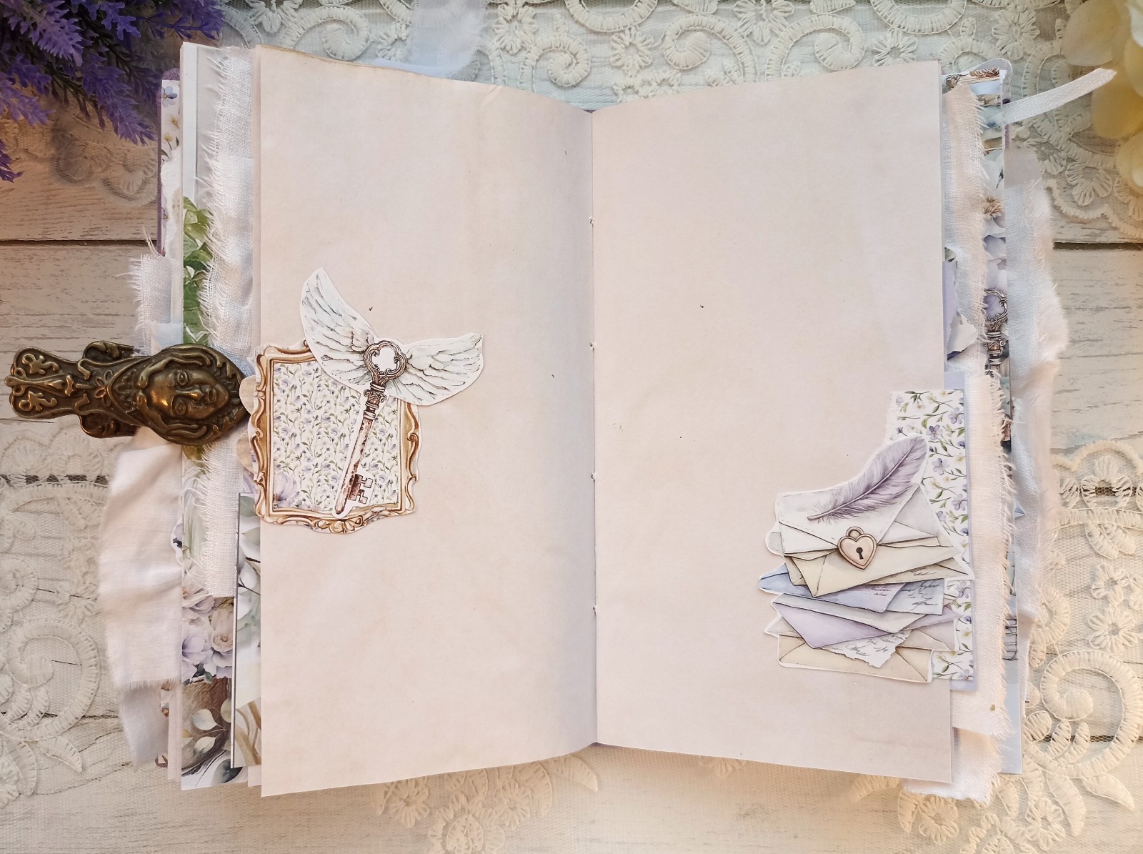 Junk Journal Handmade Lace Purple Lavender Notebook Decorated USA 8×4 in
