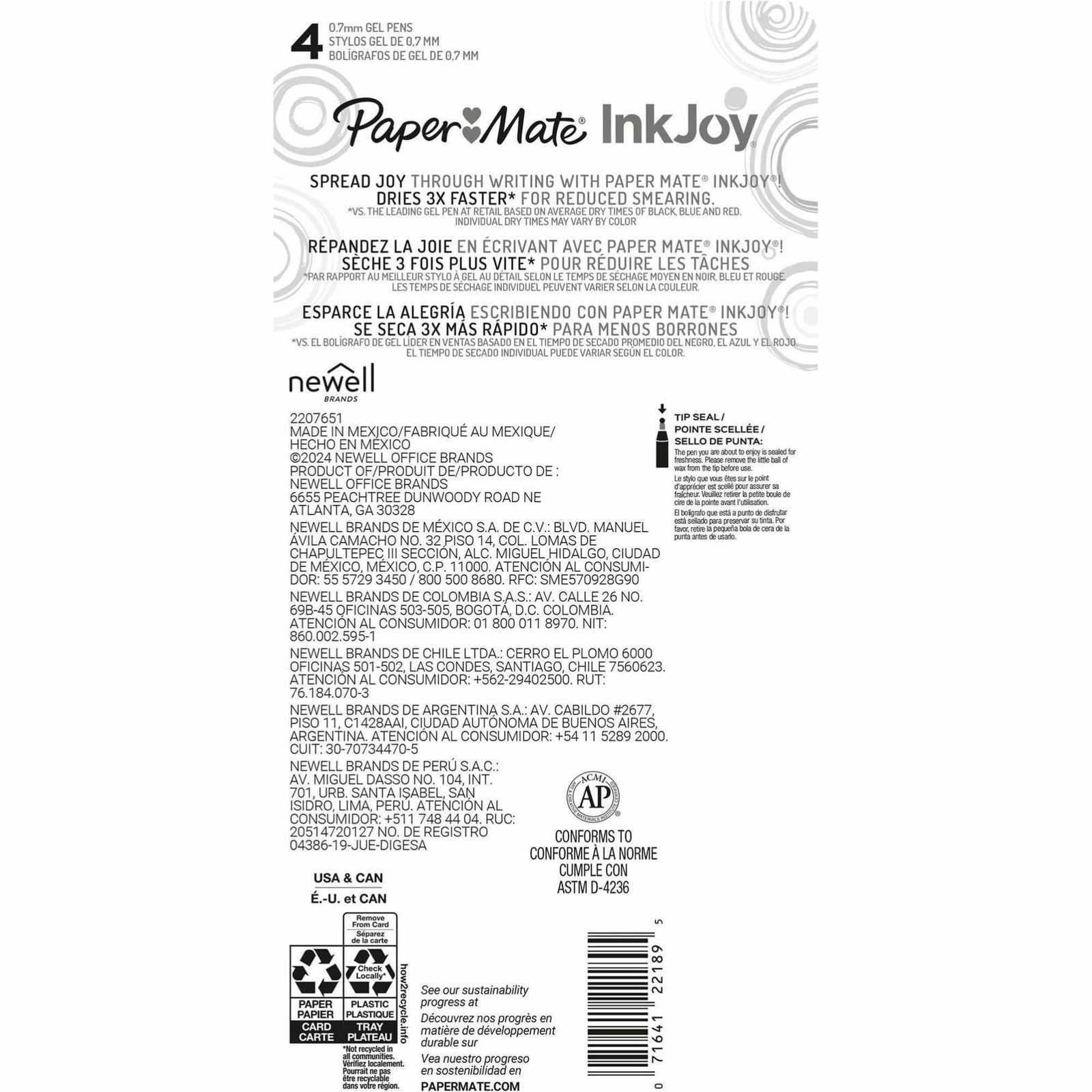 Paper Mate InkJoy Gel Pens, Medium Point, 0.7 1 Count (Pack of 4), Assorted
