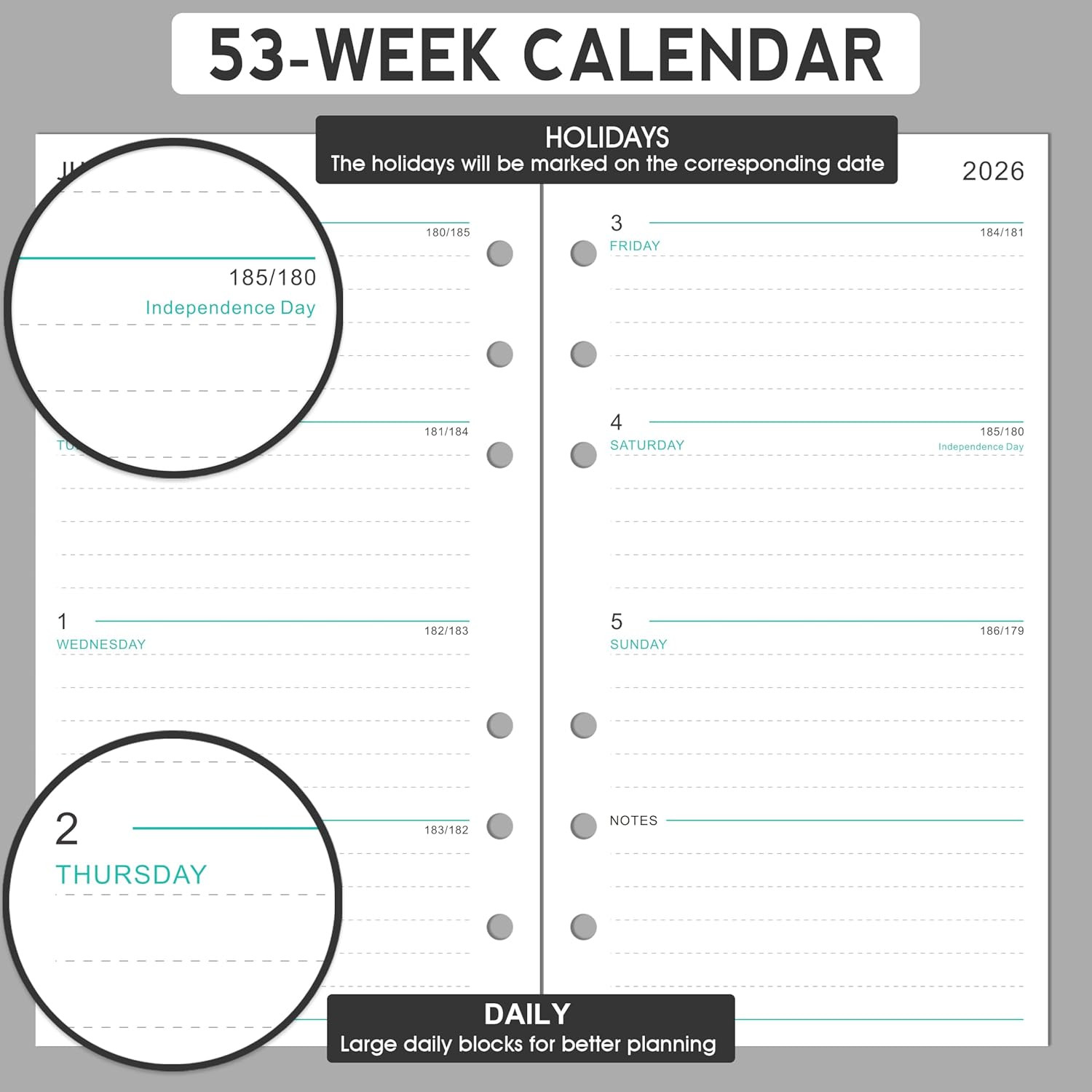 2026 A6 Calendar Refill Pages 3.75×6.75 Weekly Monthly Jan-Dec 6 Ring Red New US