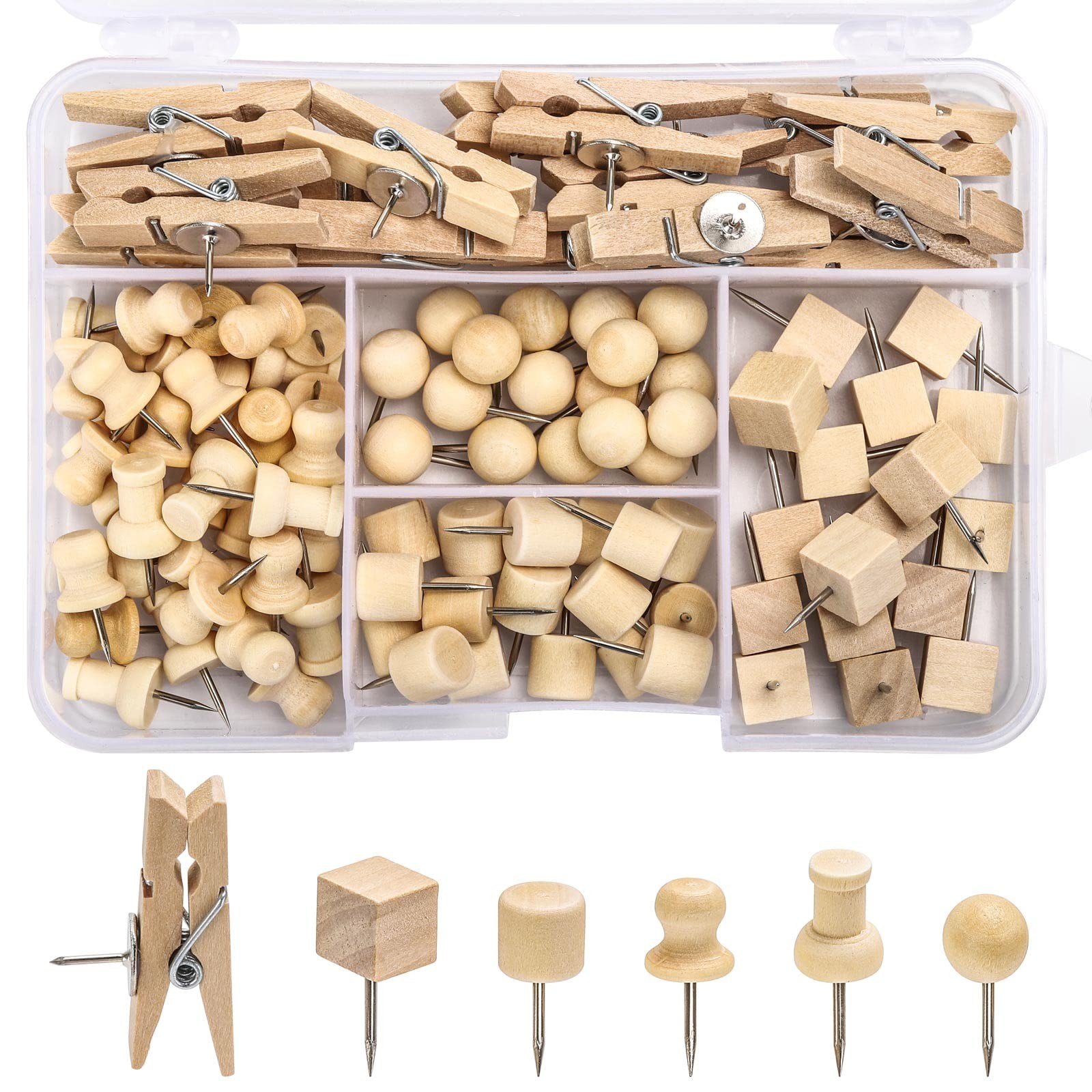 102 Pcs Wood Push Pins 6 Sizes Thumb Tacks for Wall Hangings Corkboard Office…