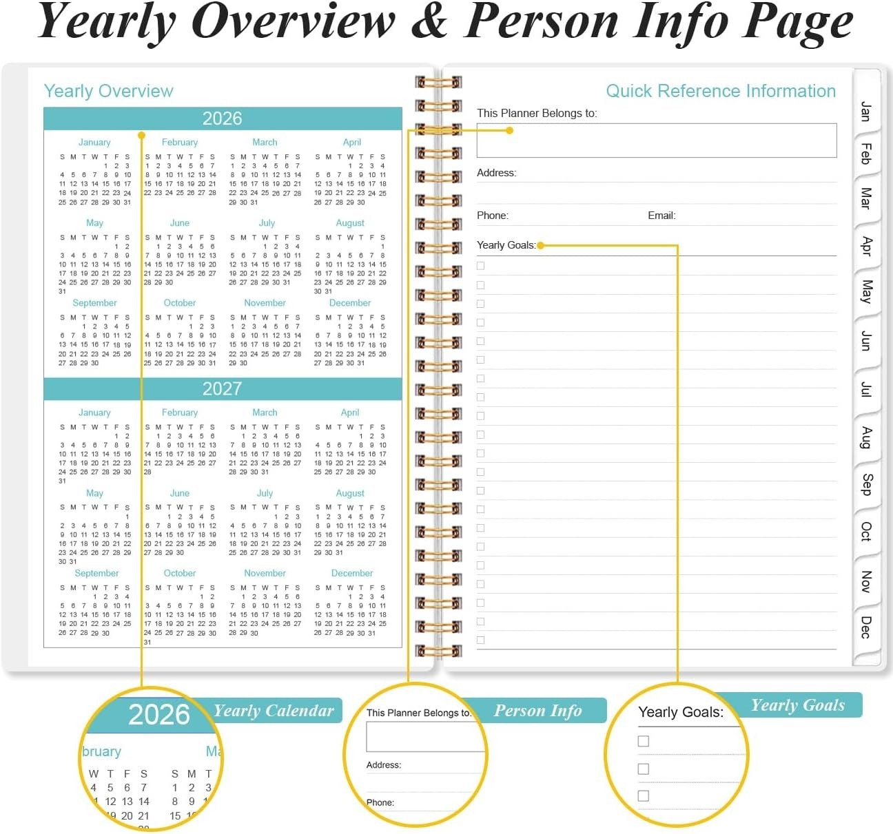 Elegant 2026-2027 Planner with Tabs & Inner Pocket – Teal Floral, 6.4″ x 8.5″