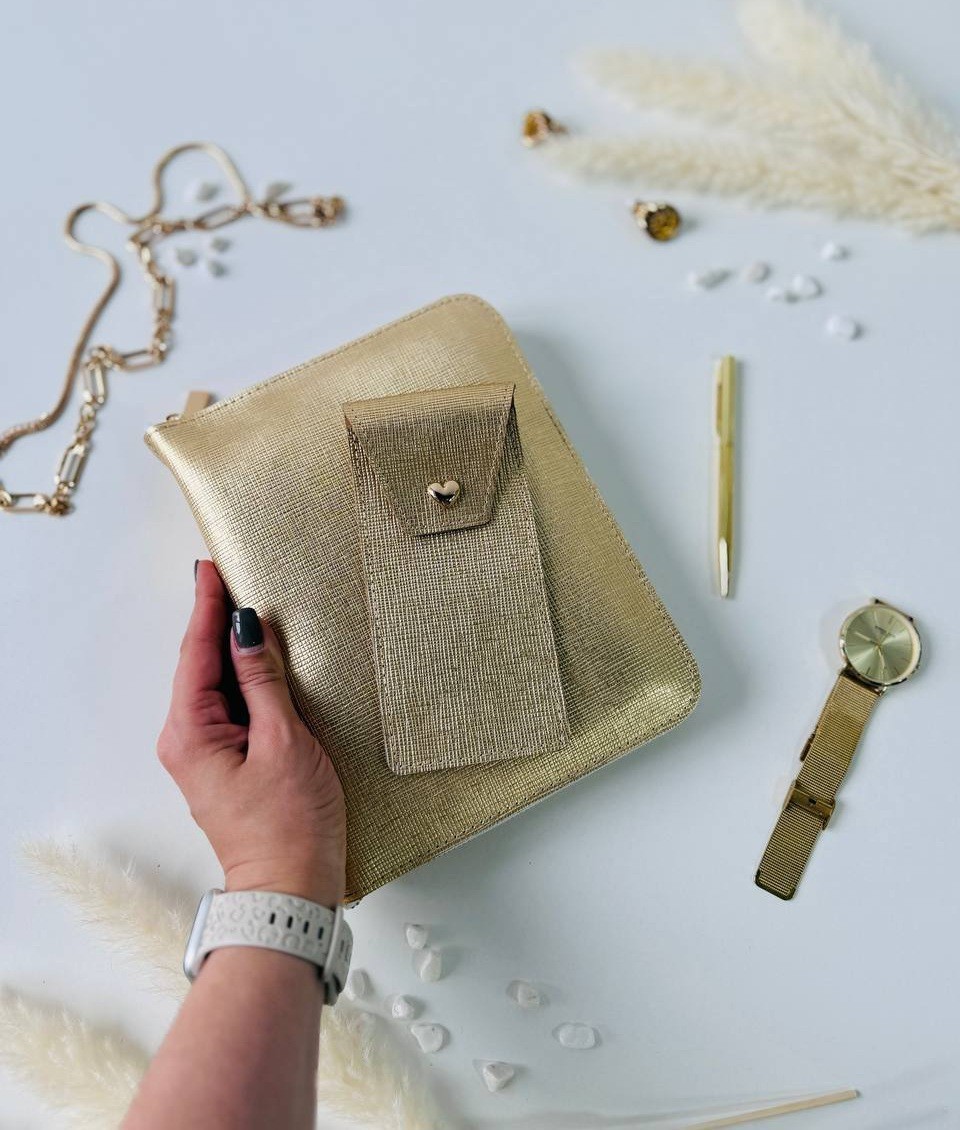 Golden leather Binder Planner Journal Gift A5. Dairy planner organizer handmade.