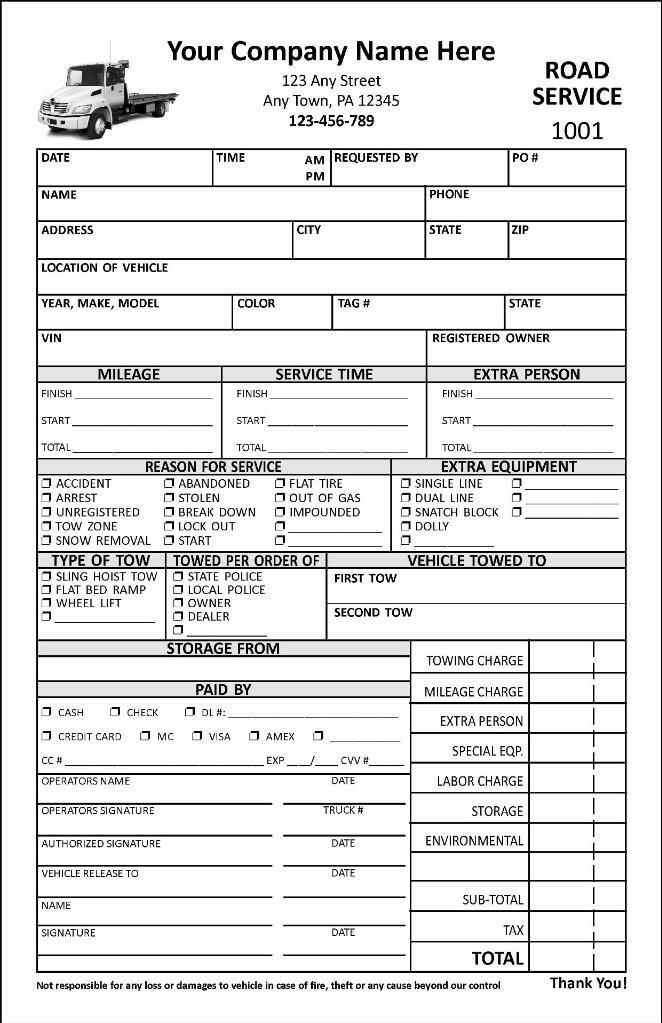 250 Custom Towing Road Service Forms, 2 Part Carbonless / 5.5×8.5 / TMG015