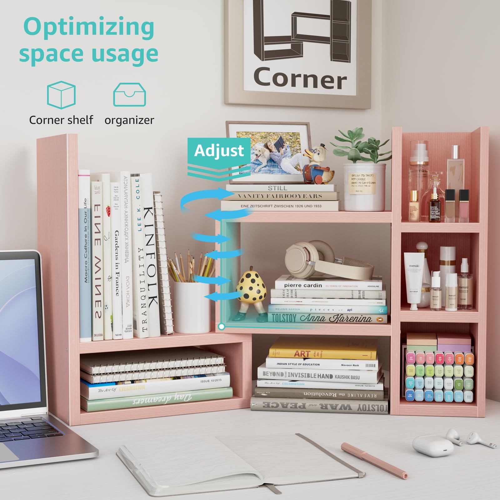NUTIKAS Desk Shelves Desktop Organizer Shlef – Pink Office 13.2 Inches,