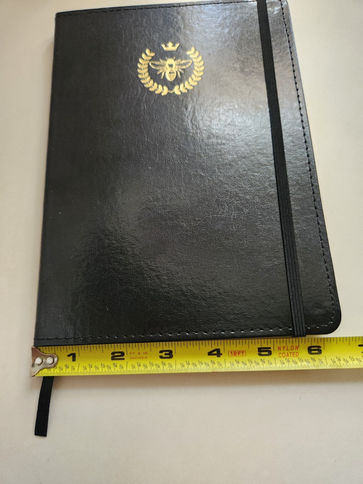 Black & Gold Bee Motif Genuine Bonded Leather Lined Notebook w/ Elastic Bookmark