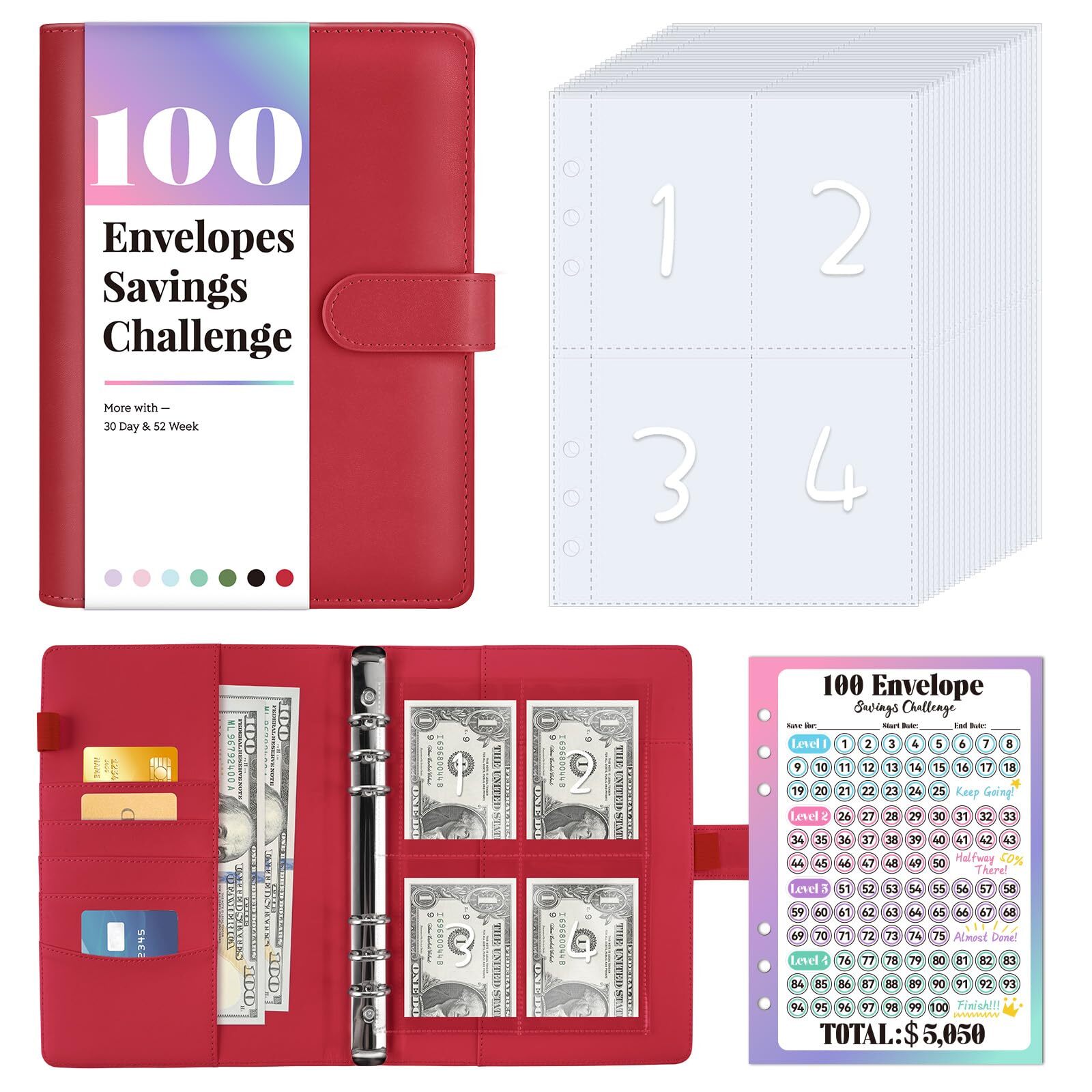 100 Envelope Savings Challenge Book with 100 Pocket Pre-numbered & Reusable L…