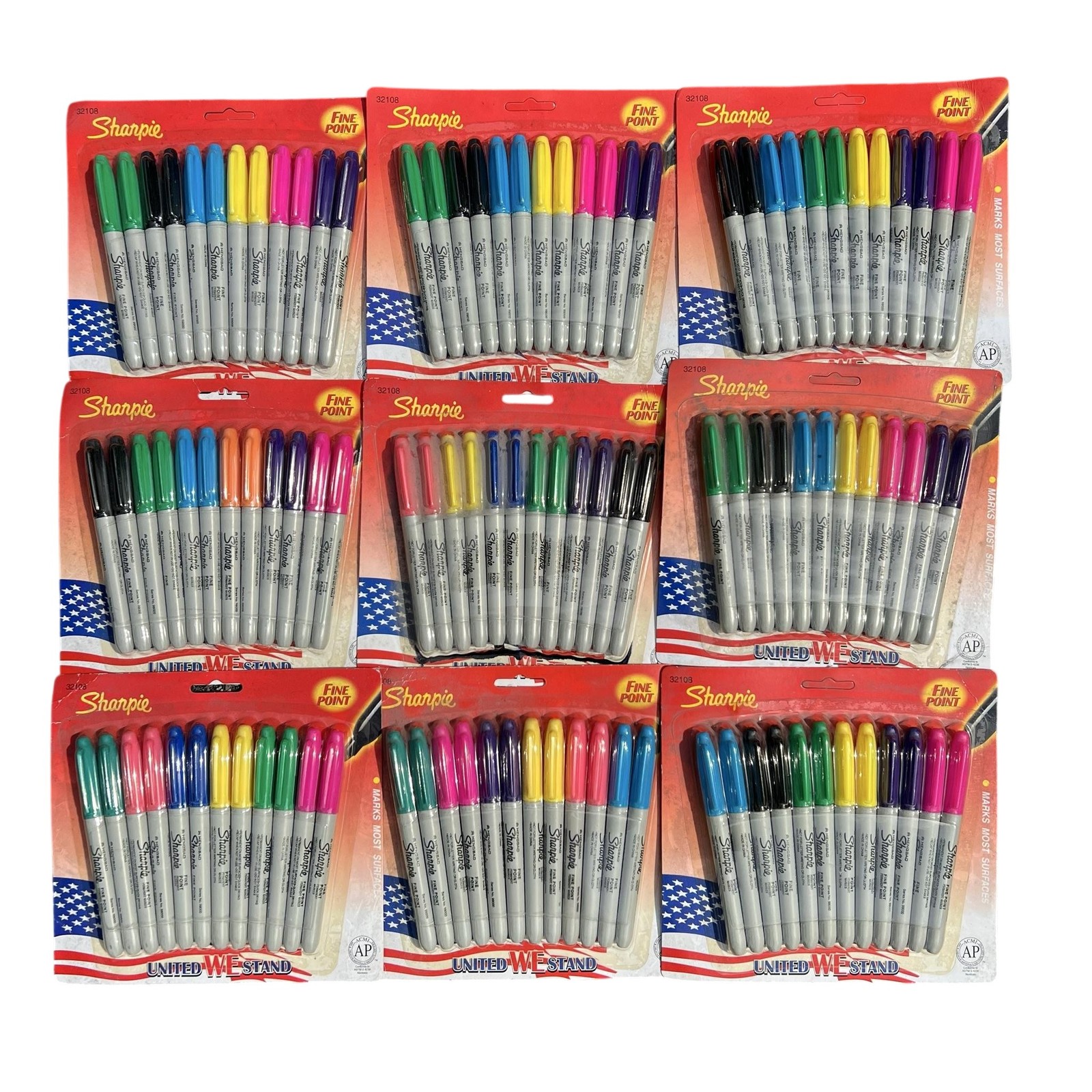 Lot 9 Sharpie Fine Point Permanent Markers 12 Assorted Colors USA NEW OLD STOCK