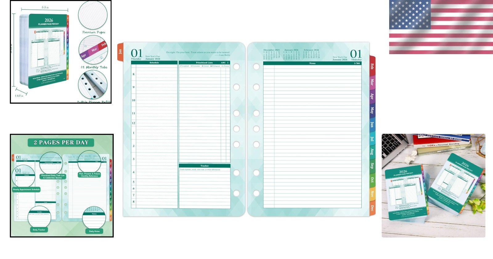 2026 Daily & Monthly Planner Refills 2 Pages Per Day Green 5.5×8.4 Inches