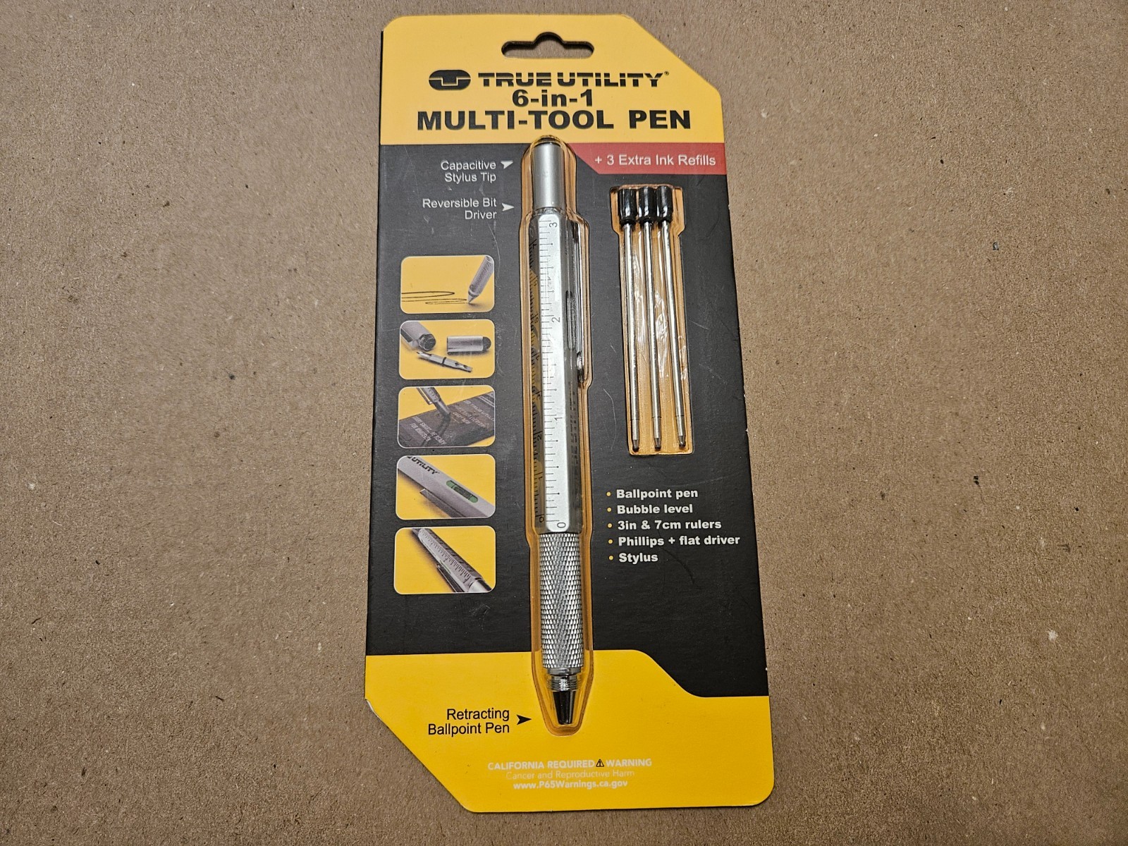 TRUE UTILITY 6-in-1 Multi-Tool Pen Stylus Ruler Level Screwdriver 3 Ink Refills