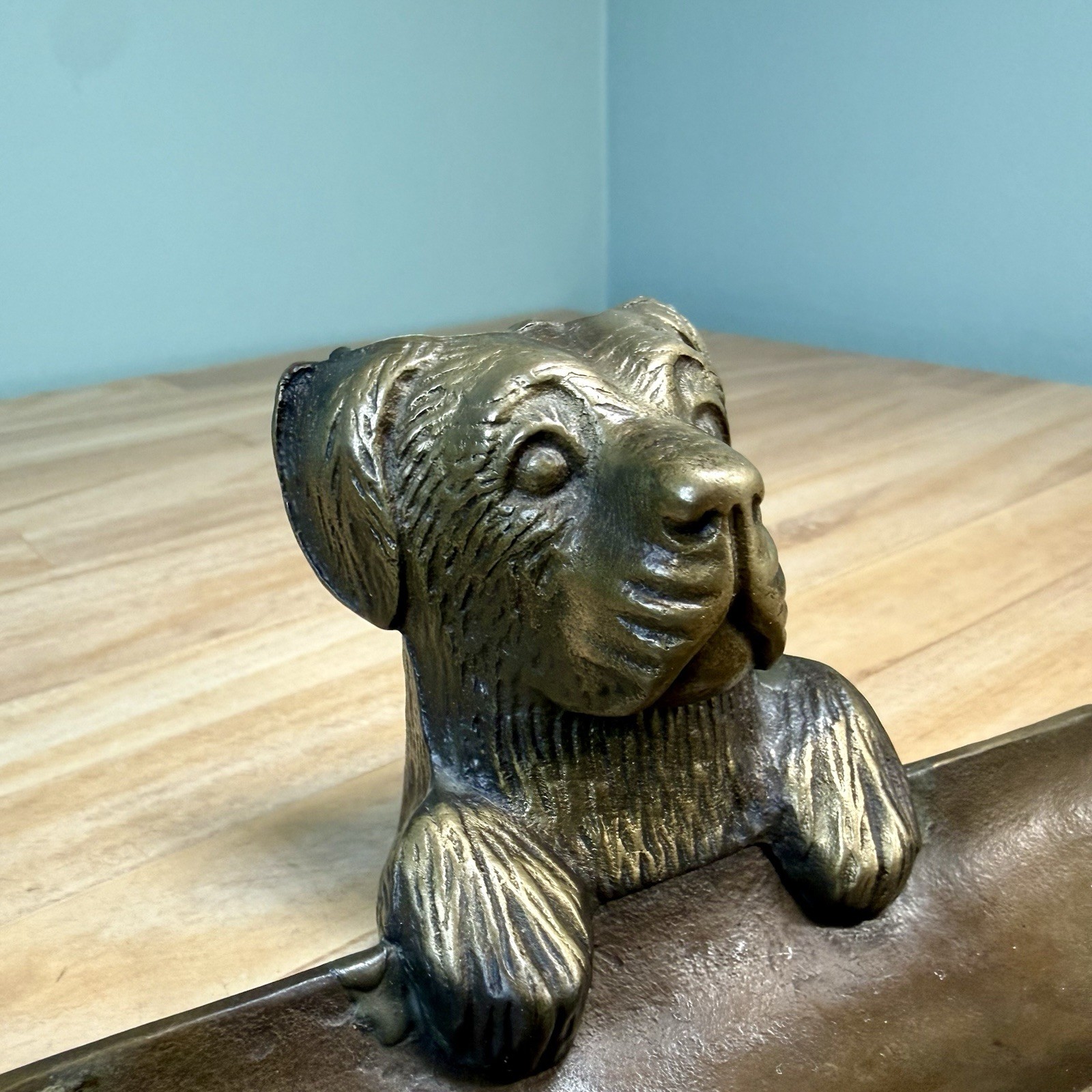 VTG Bronze Cast Metal Dog Puppy Office Desk Business Card Pen Holder 50s 60s 70s