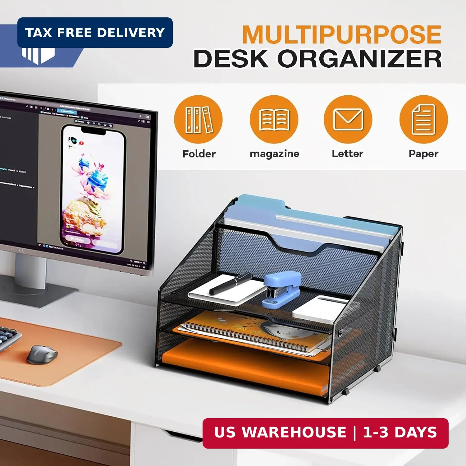 GAWERK Letter Tray Organizer, Mesh Desk File Organizer with 3 Paper Trays and 2
