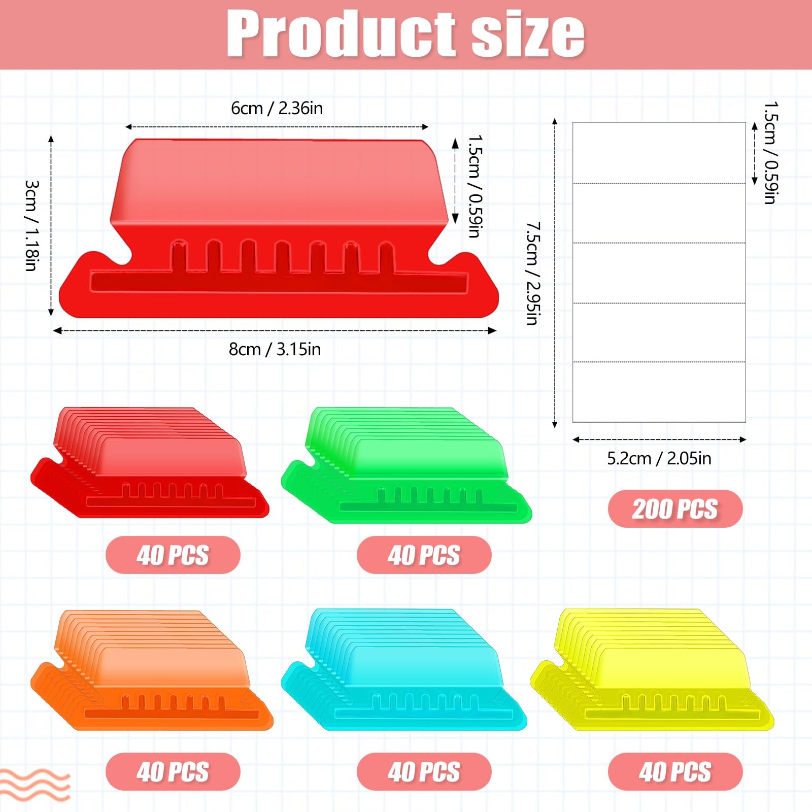 200 Pcs Hanging File Folder Tabs and 200 2 Inch Inserts Multicolor