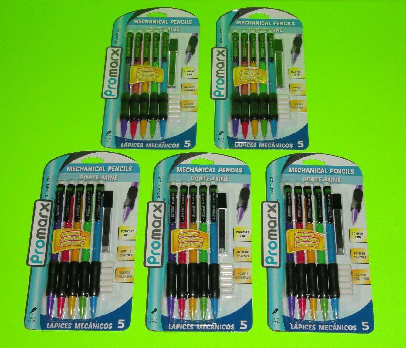 (5x 5 PK)=25 Mechanical Pencils Comfort Grip #2 HB 0.7mm Extra Lead + Erasers