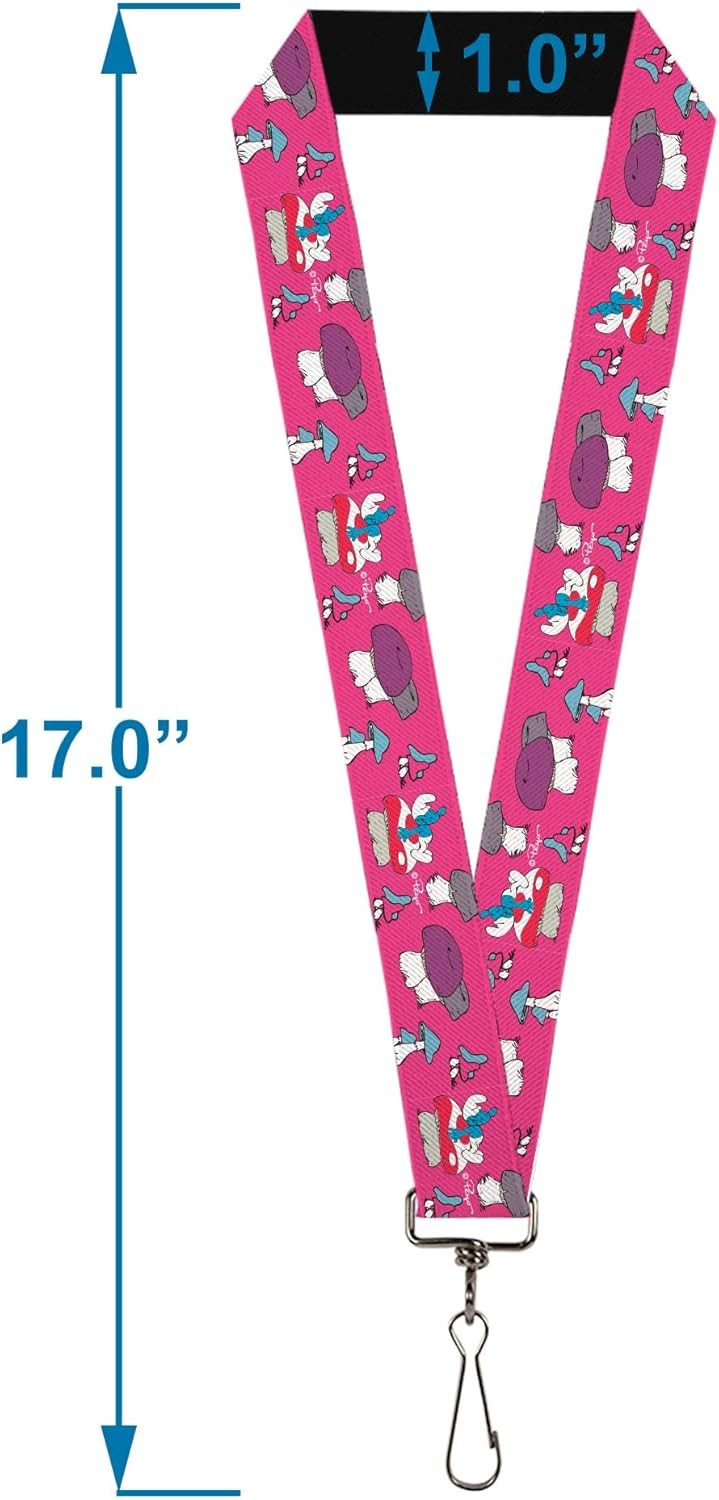 Buckle-Down The Smurfs Lanyard, The Smurfs Like A Mushroom Pose Pink, Elastic
